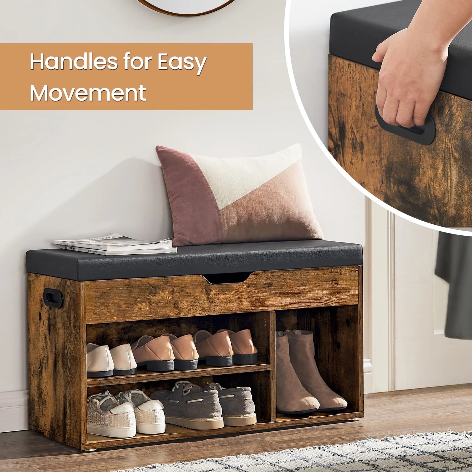 EDX Storage Bench with Cushion, Shoe Bench with Hidden Storage, 3 Compartments, Rust and Black