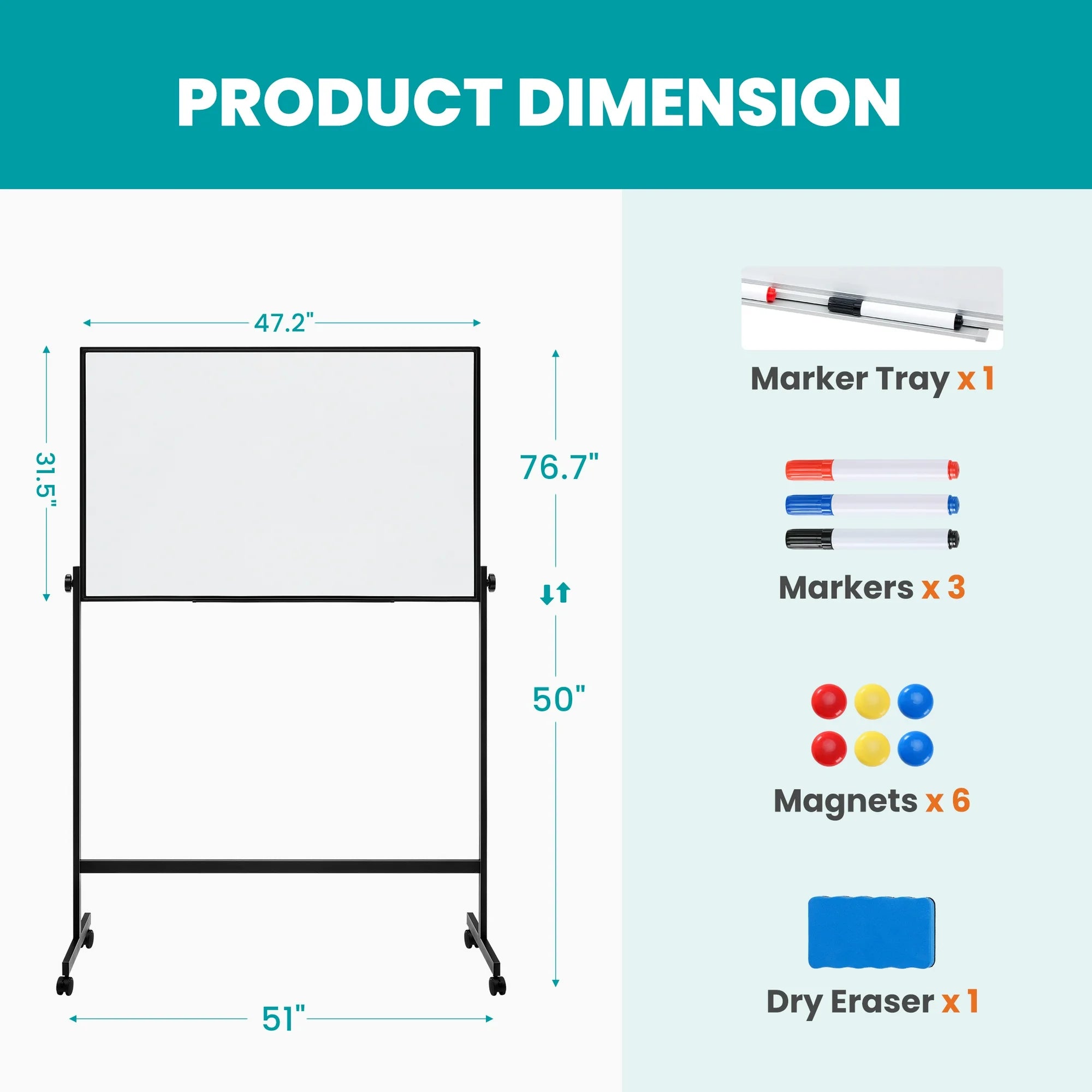 edx 46x32 Mobile Magnetic Whiteboard with Aluminum Stand & Wheels for Home Office, Classroom