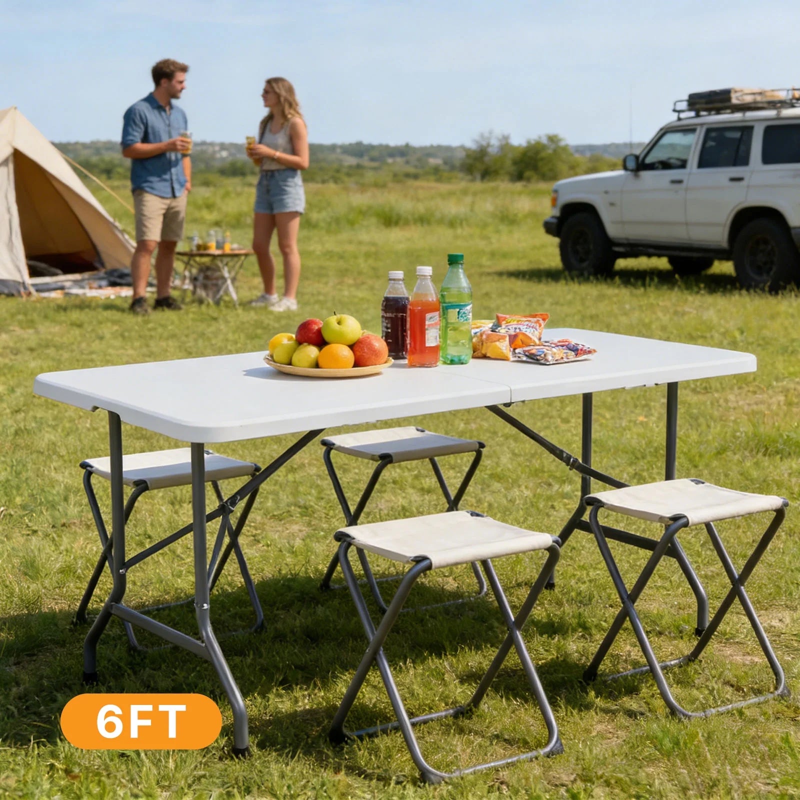 edx Folding Table, Outdoor Indoor Heavy Duty Portable with Carrying Handle for Camping, White,27.56"W x 70.89"D x 29.32"H