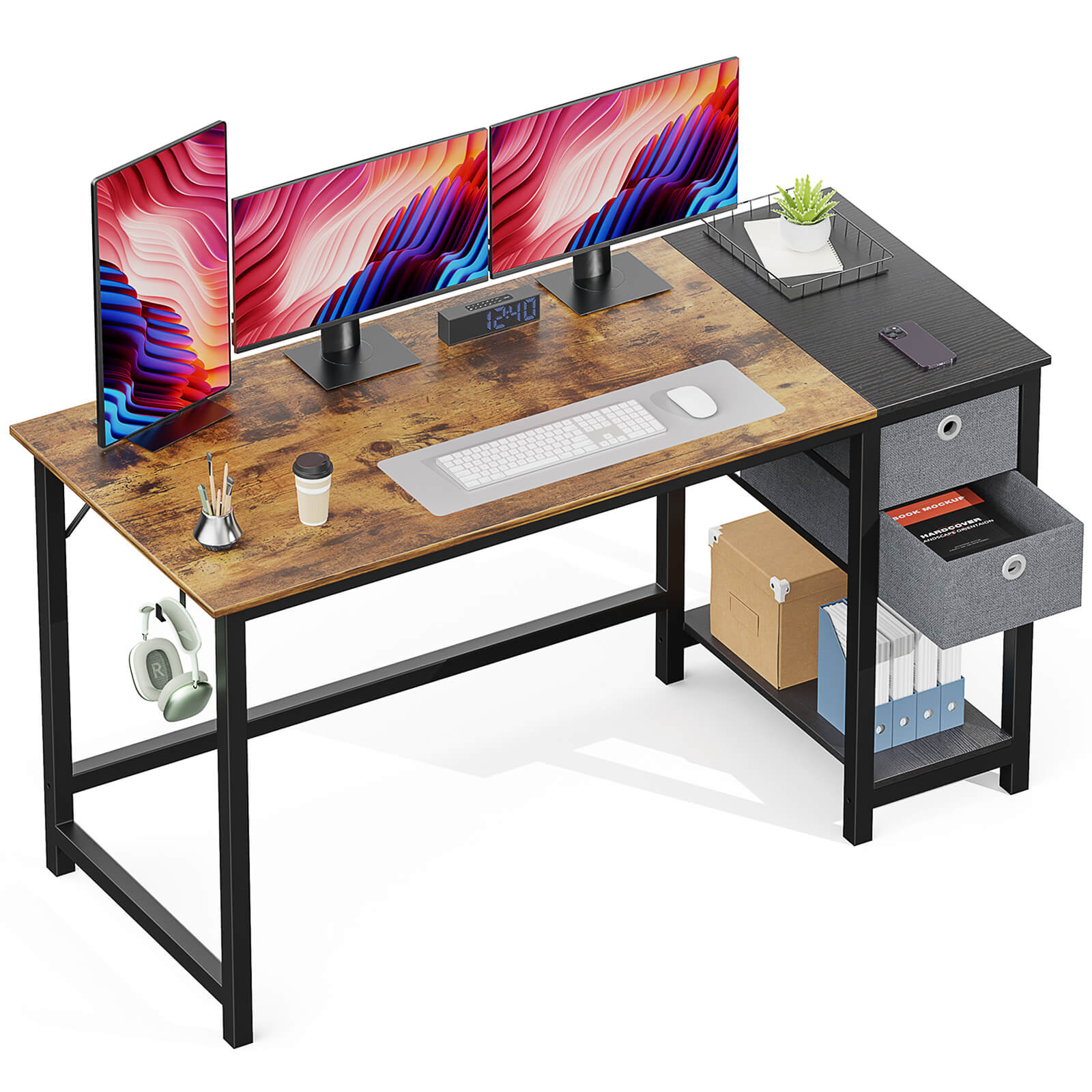 edx Computer Desk -40/47/55 inch Desk Study Desk with 2 Drawer Storage Shelf Headphone Hook for Bedroom, Game Room, Office, Living Room
