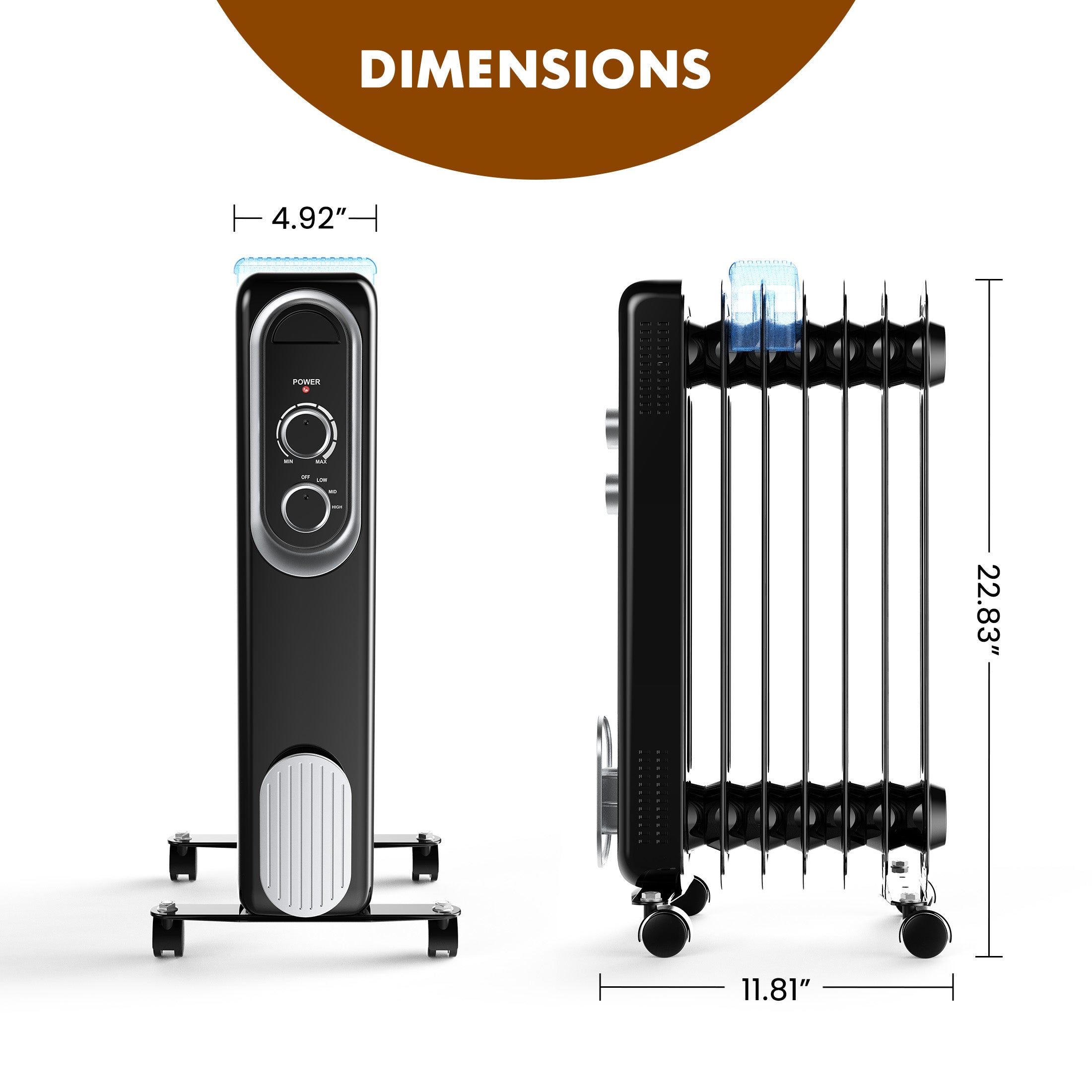 edx Basic Electric Oil Filled Radiator, 1500W Space Heater with Adjustable Thermostat, 22.83 x 11.81 x 4.92 in