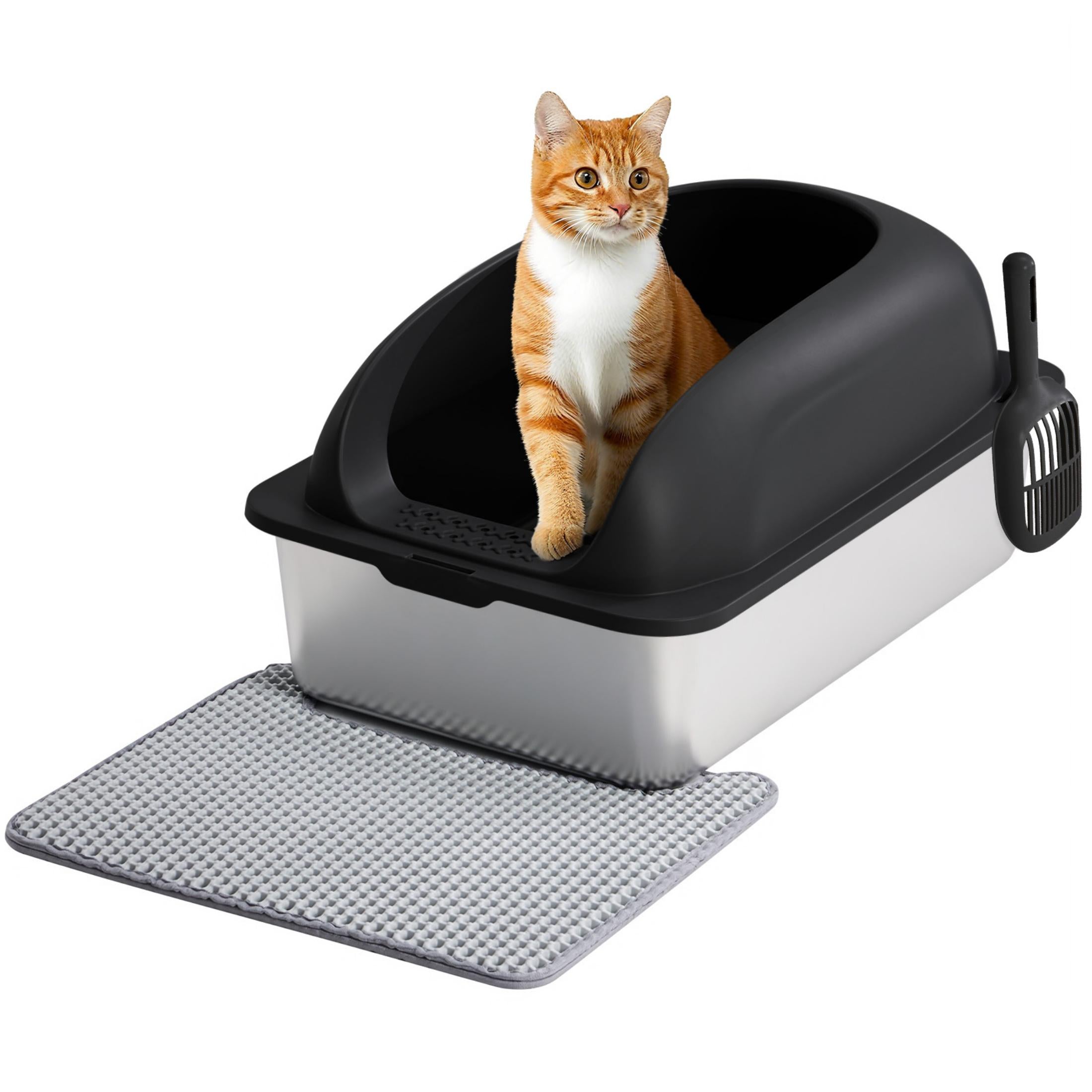 EDX Stainless Steel Cat Litter Box with Lid, XL Extra Large Cat Litter Box for Big Cats, High Wall Sides, Never Absorbs Odors, Anti-Urine Leakage, Easy Cleaning, Scoop and Mat Included,