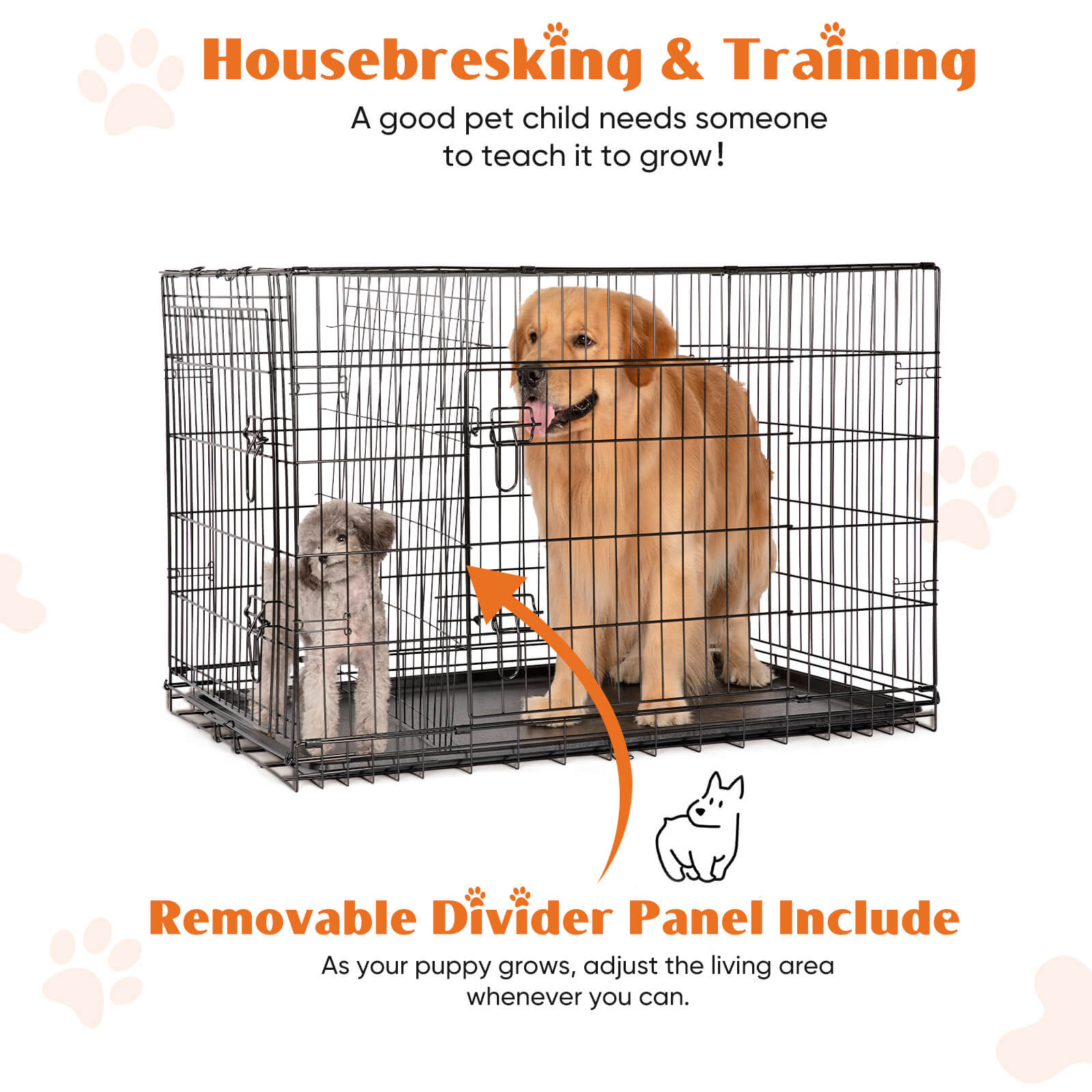 edx Dog Crate-24/30/36/42/48 inch, Double Door Dog Cage with Divider Panel and Plastic Leak-Proof Pan Tray, foldable, easy to carry, suitable for indoor, outdoor, travel use
