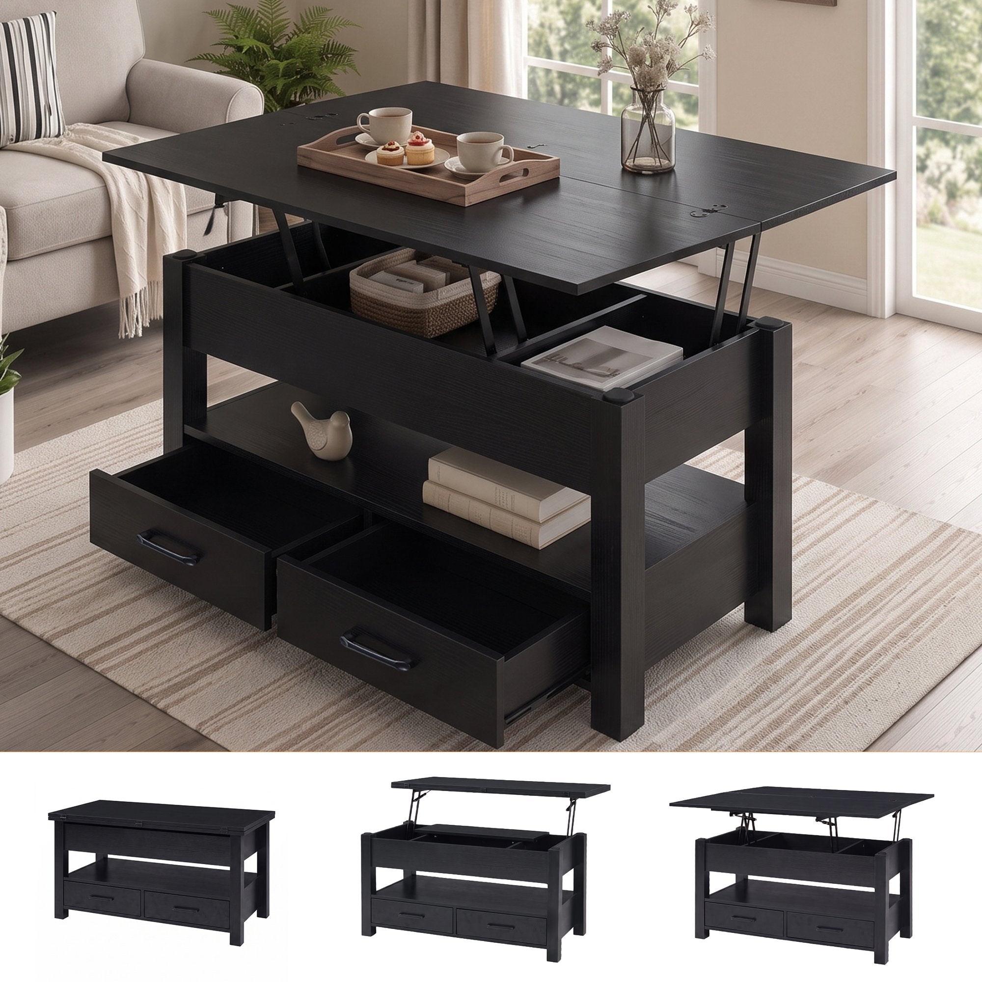 edx Multi-Function Convertible Coffee Table with 2 Drawers and Ample Hidden Compartment, Adjustable Lift Top Converts to Dining Table, Farmhouse Table for Living Room Home Office