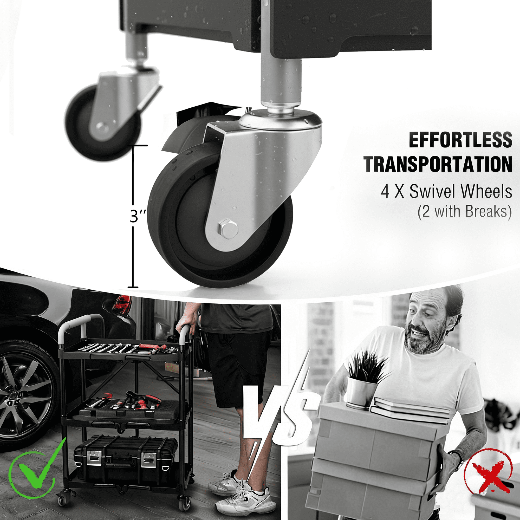 EDX 3-Tier Plastic Utility Cart with Lockable Wheels, Foldable Heavy-Duty Rolling Service Cart for Home, Office, Kitchen, or Restaurant,Black