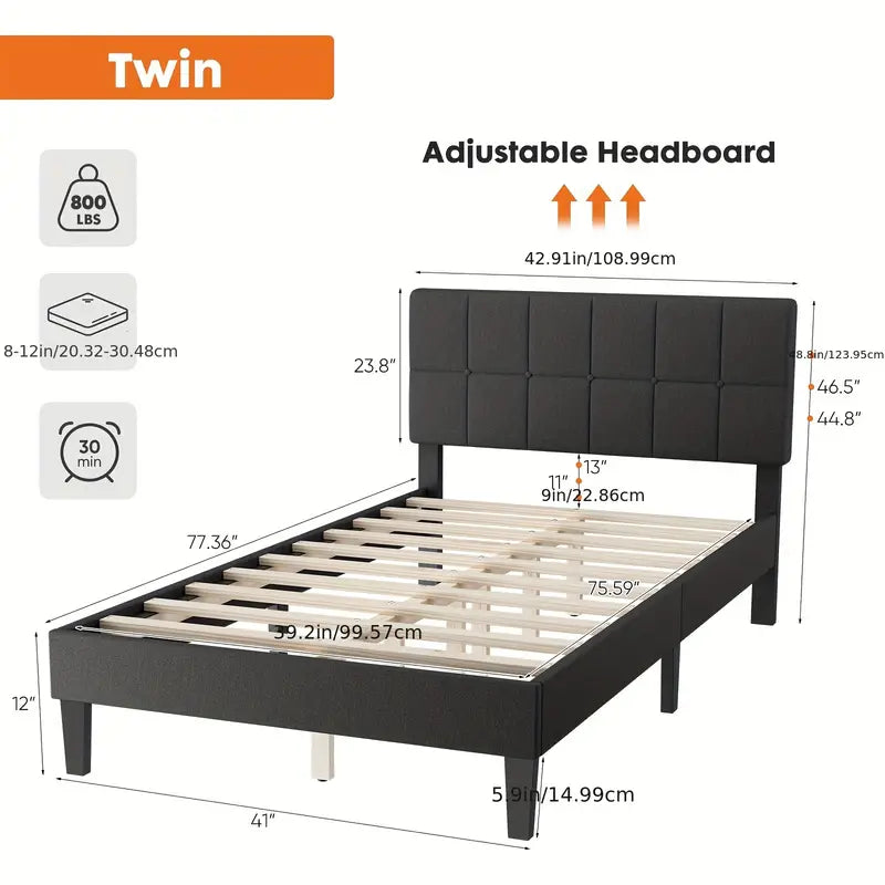 edx Platform Bed Frame with Headboard-No Box Spring Needed, Linen Upholstered Bed Frame with Wood Slats Support, Noise Free