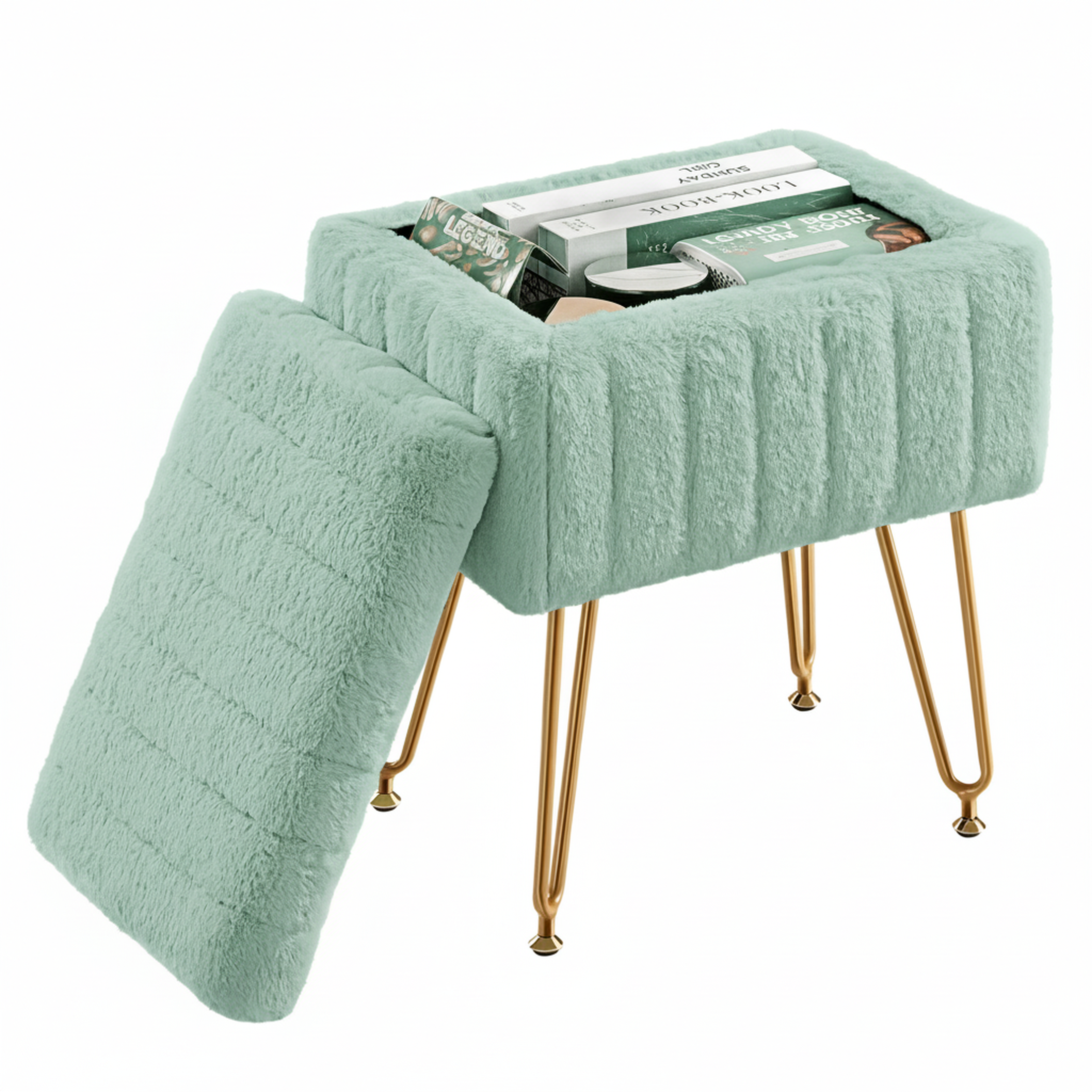 ZUNMOS Ottoman Vanity Stool Chair, with Storage, Modern Style Faux Fur Seat with 4 Metal Legs & Non-slip Feet for Living Room, Bedroom