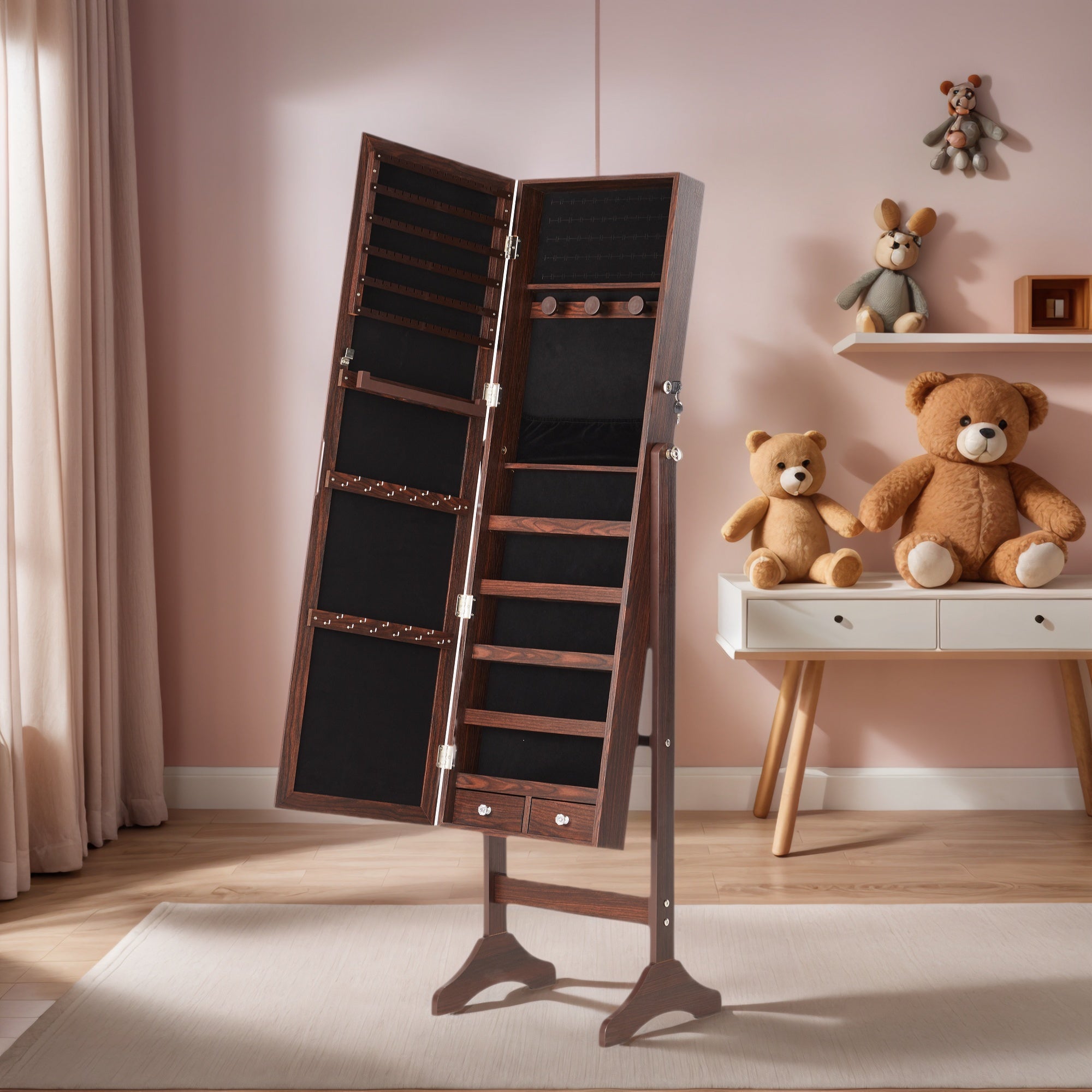EDX Freestanding Full-Length Mirror Jewelry Cabinet, 3 Angle Adjustable Large Jewelry Armoire Organizer with Makeup Storage