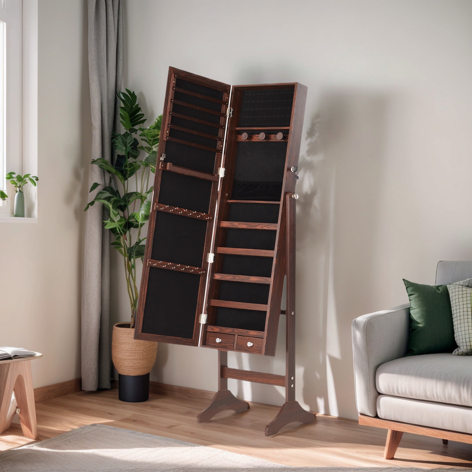 EDX Freestanding Full-Length Mirror Jewelry Cabinet, 3 Angle Adjustable Large Jewelry Armoire Organizer with Makeup Storage