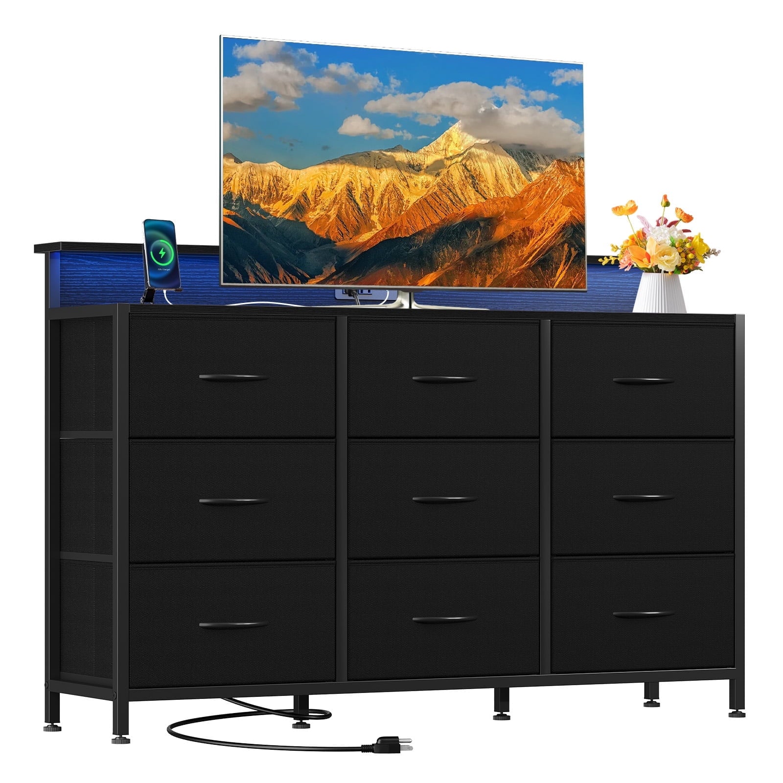 edx 9 Fabric Drawers Dresser with Power Outlets and LED Light, Multifunctional TV Stand and Storage Cabinet, for Bedroom, Living Room, Office, Hallway