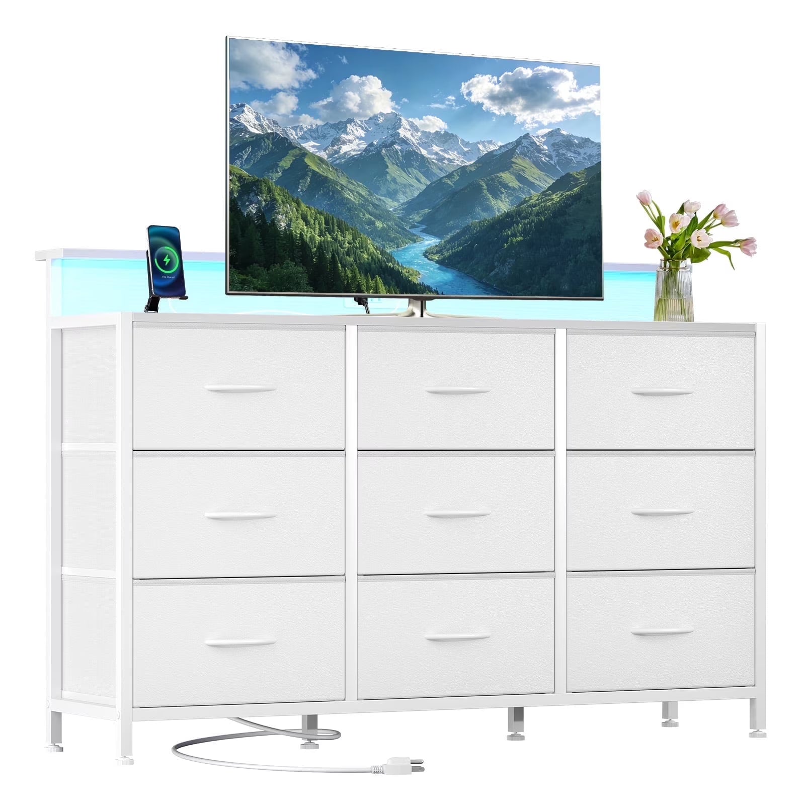 edx 9 Fabric Drawers Dresser with Power Outlets and LED Light, Multifunctional TV Stand and Storage Cabinet, for Bedroom, Living Room, Office, Hallway