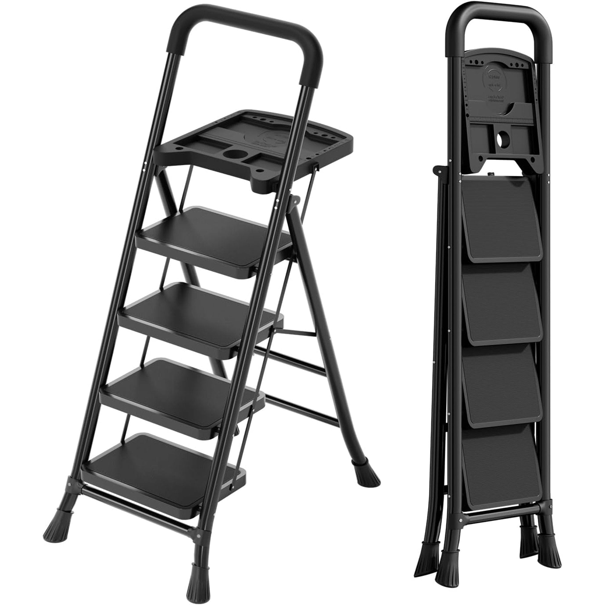 EDX Iron Stepstool, Folding Stepstool with Non-Slip Pedals and Comfortable Handrails, Sturdy Steel Ladder Portable Heavy Duty Stepstool for Kitchen, Garage and Outdoor Use, black