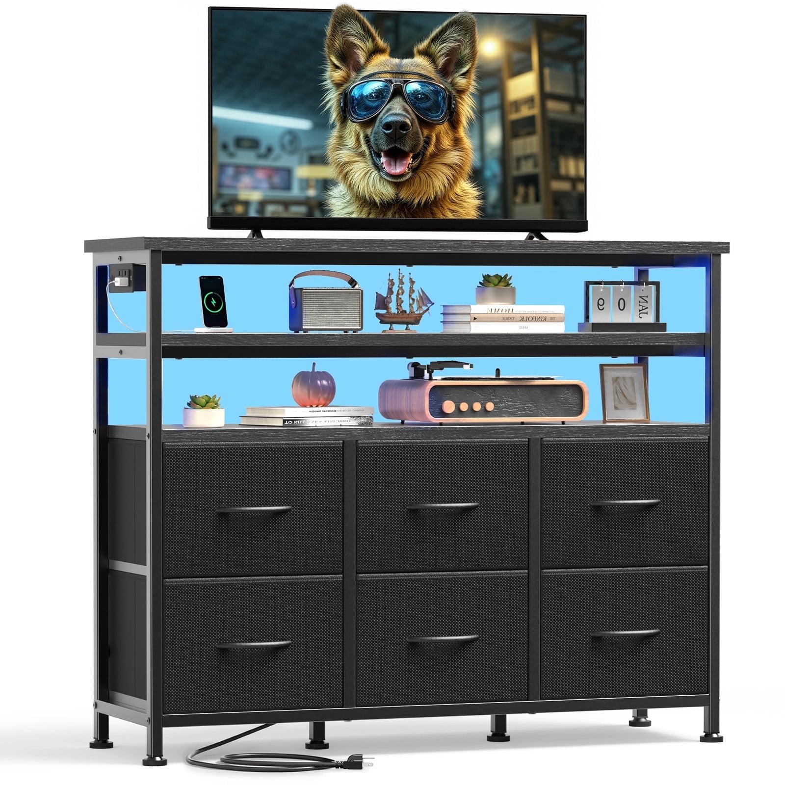 edx 6-Drawer Fabric Dresser with Double-Layer Top, Power Outlets and LED Light, Storage Organizer for Bedroom, Living Room, Hallway