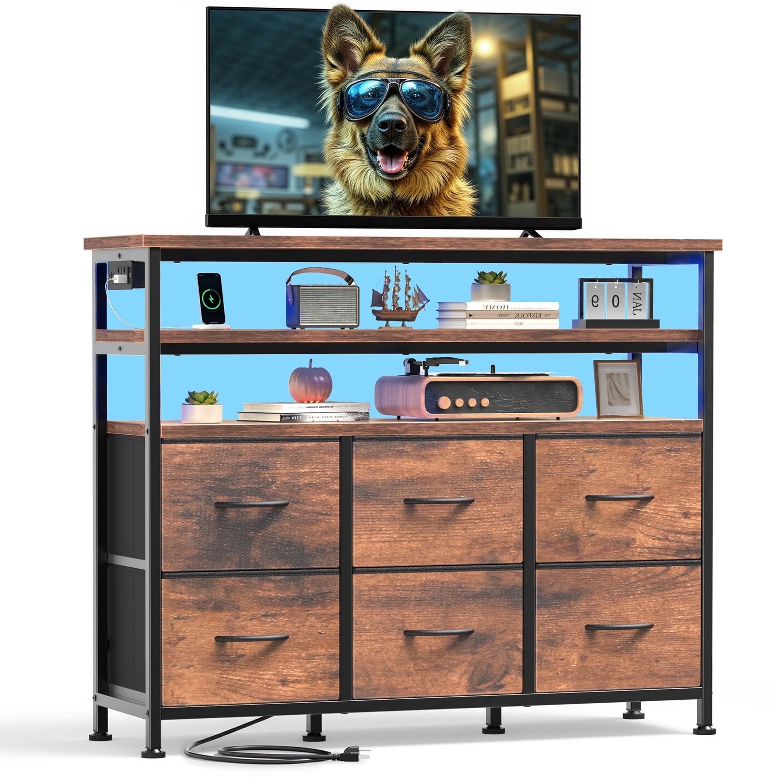 edx 6-Drawer Fabric Dresser with Double-Layer Top, Power Outlets and LED Light, Storage Organizer for Bedroom, Living Room, Hallway