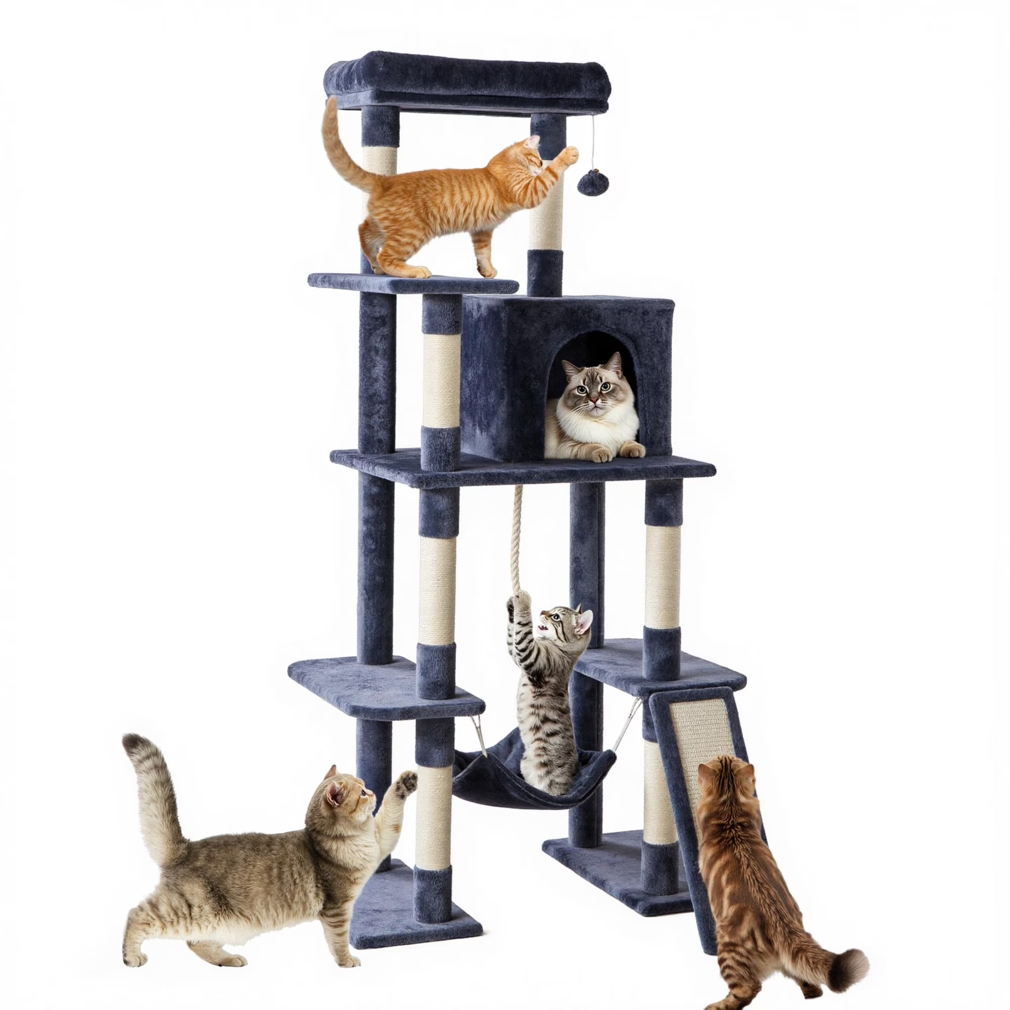 edx Cat Tree Tower for Indoor Cats, Multi-Level Pet Furniture with Sisal Scratching Post, Large Cozy Condo, Climbing Ramp, Kitten Toy