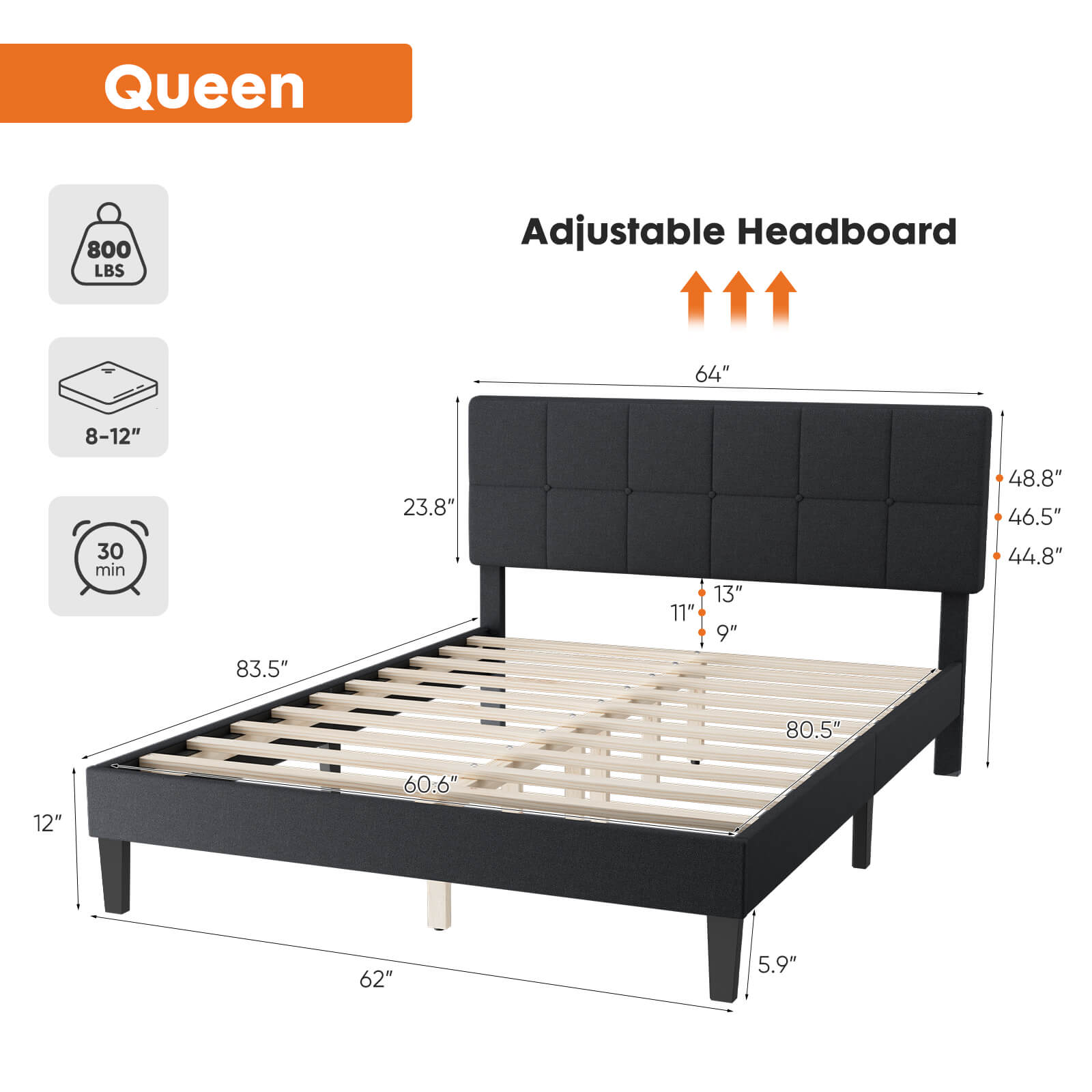 edx Platform Bed Frame with Headboard-No Box Spring Needed, Linen Upholstered Bed Frame with Wood Slats Support, Noise Free
