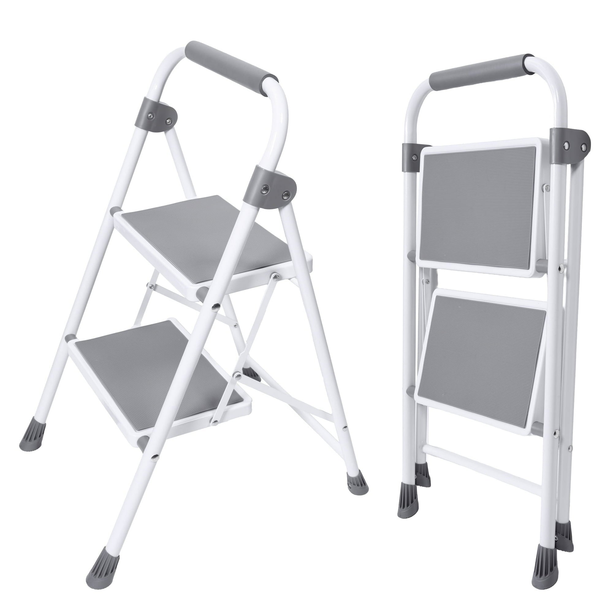 EDX 28 Inch Iron Stepstool, 2 Folding Stepstool with Non-Slip Pedals and Comfortable Handrails, Sturdy Steel Ladder Portable Heavy Duty Stepstool for Kitchen, Garage and Outdoor Use