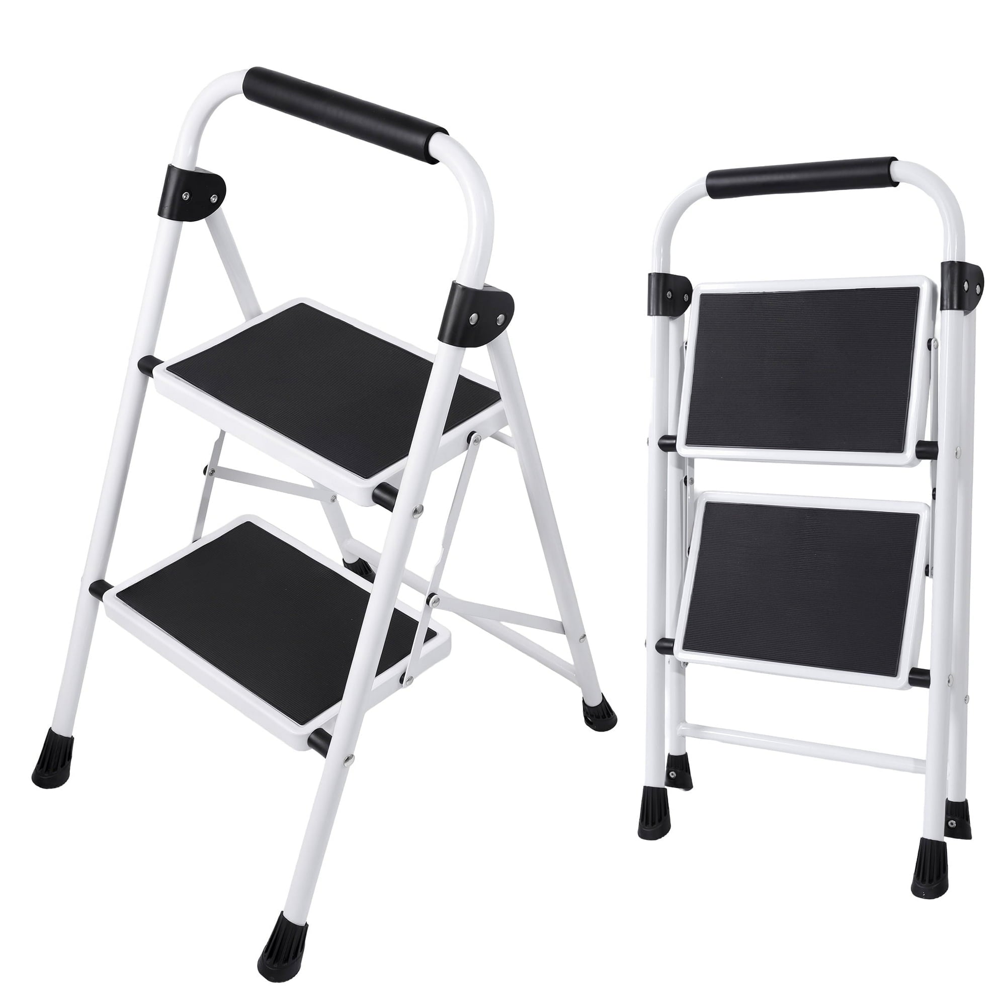 EDX 28 Inch Iron Stepstool, 2 Folding Stepstool with Non-Slip Pedals and Comfortable Handrails, Sturdy Steel Ladder Portable Heavy Duty Stepstool for Kitchen, Garage and Outdoor Use