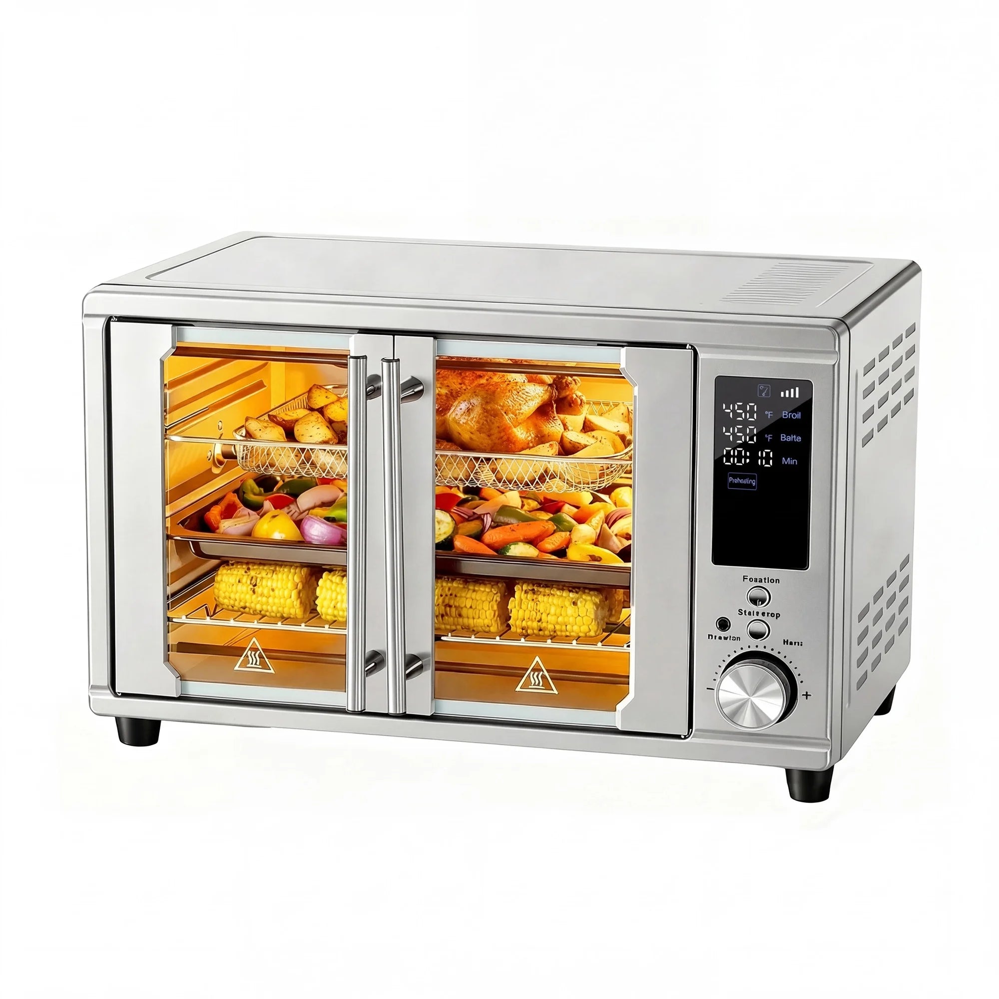 EDX 28L Silver Double-Door Air Fryer Oven, 4-in-1 Functions, 120V, 0-60min Timer, Free Tray & Rack & Tongs, Household Kitchen Use