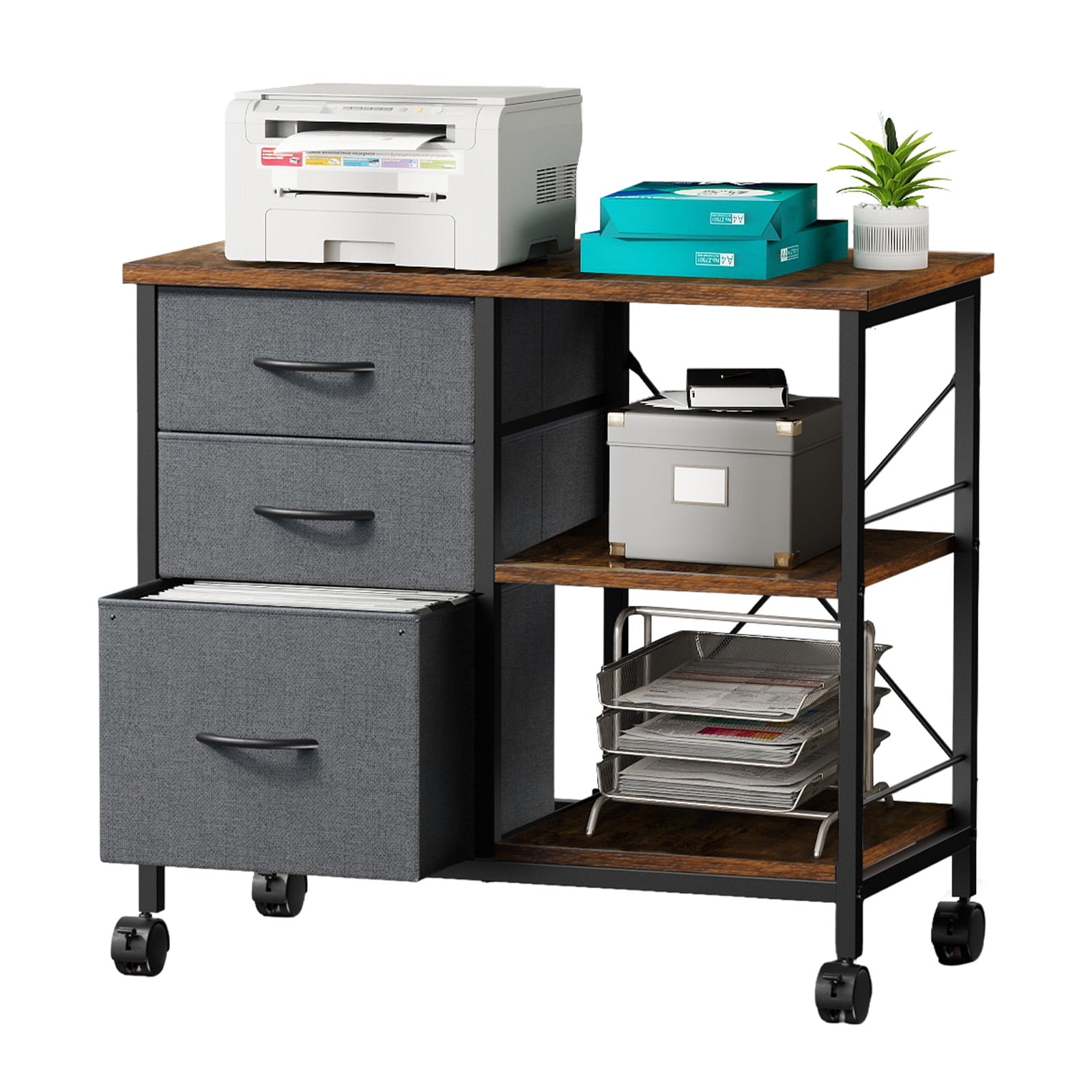 EDX 3 Drawer Mobile File Cabinet, Rolling Storage Cabinet with Open Storage Shelf, Fabric Lateral Filing Cabinet for Home Office