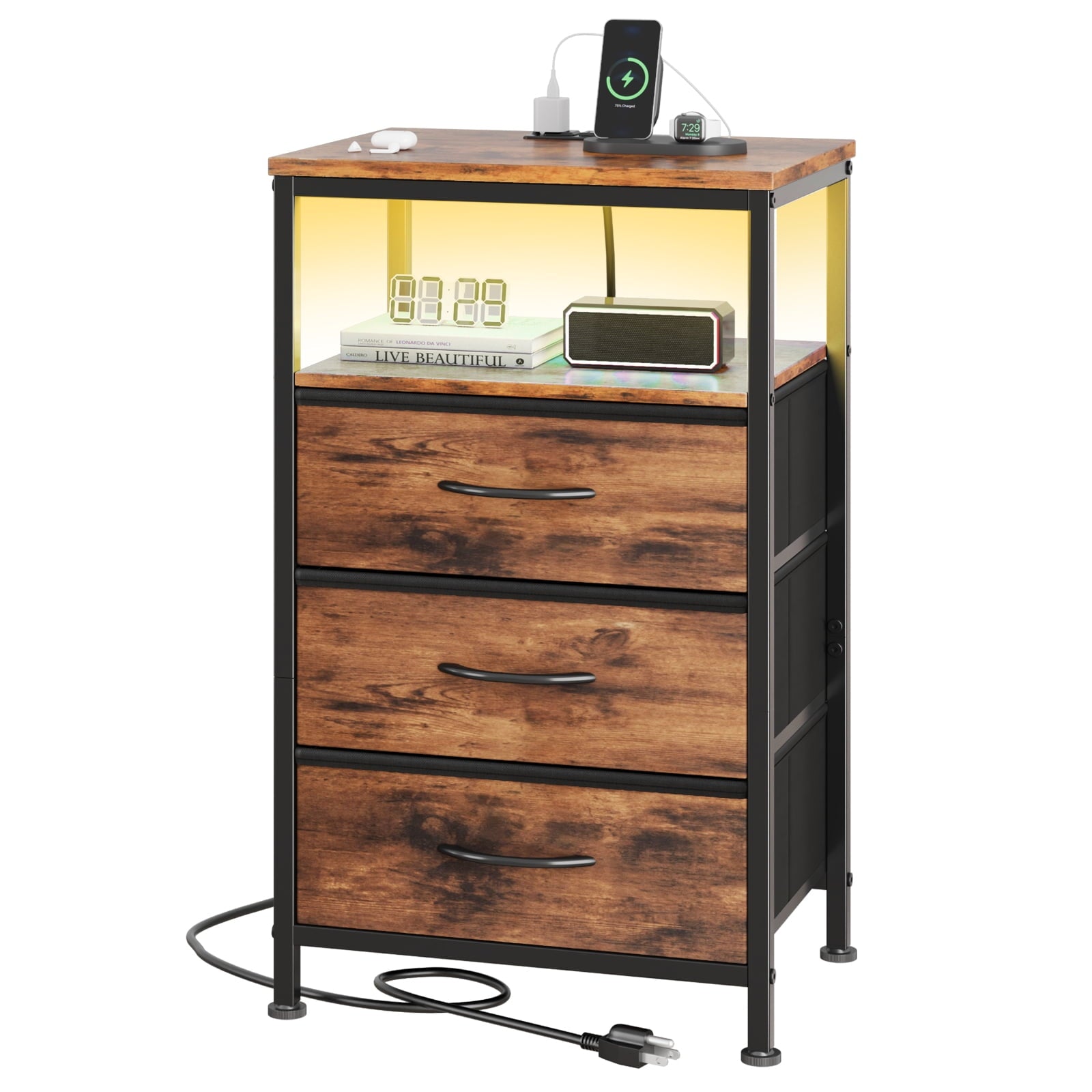 EDX Fabric Drawers Nightstand with Charging Station & USB/Type-C Ports and Outlets, Variable Light Strip Bedside End Table with Adjustable Feet for Bedroom