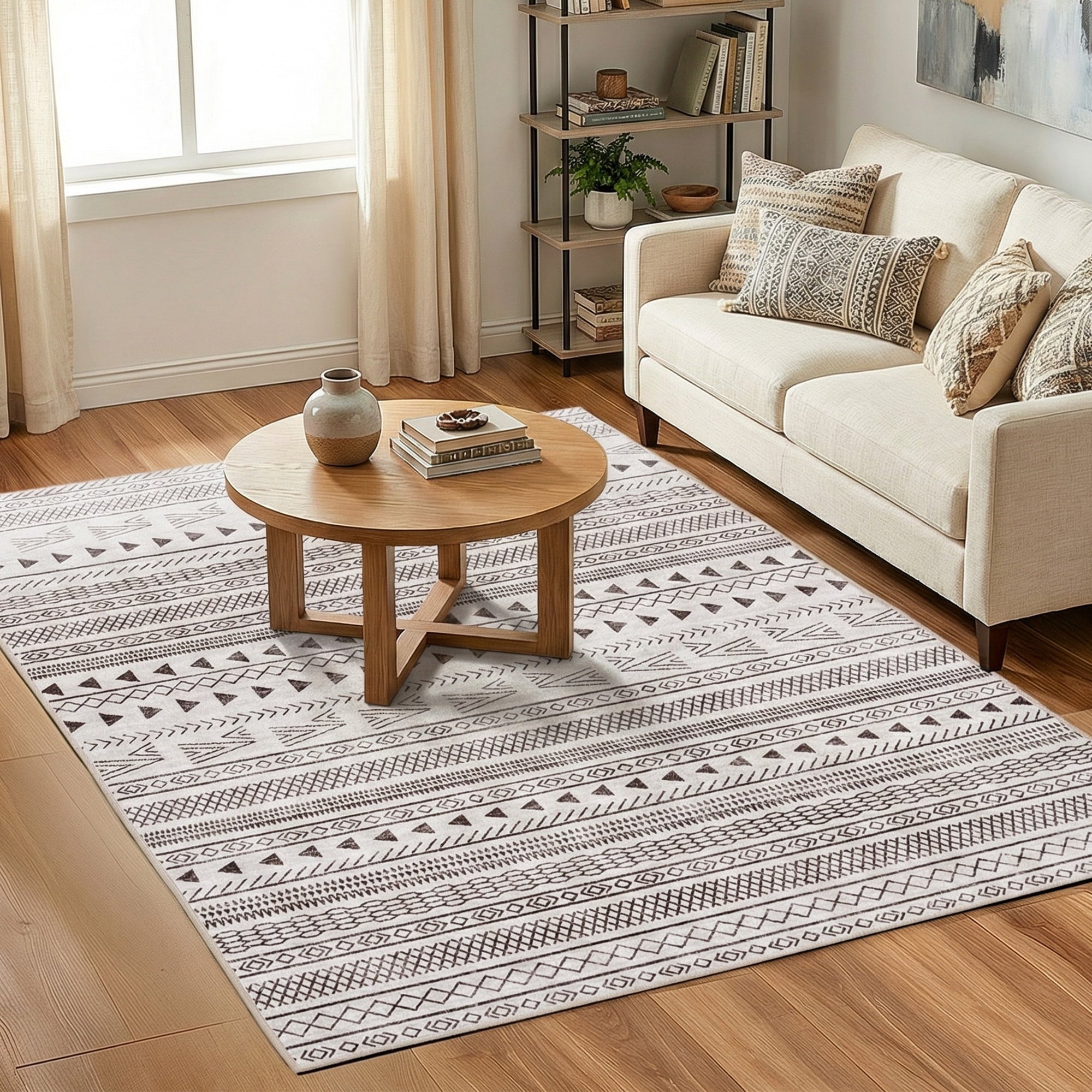 EDX Imitation Linen Carpet Collection Decorative Rug, Pattern Distressed Design, Non-Shedding - Easy Care-Machine Washable, Ideal for Entryway, Living Room, Bedroom-Black & White Geometric