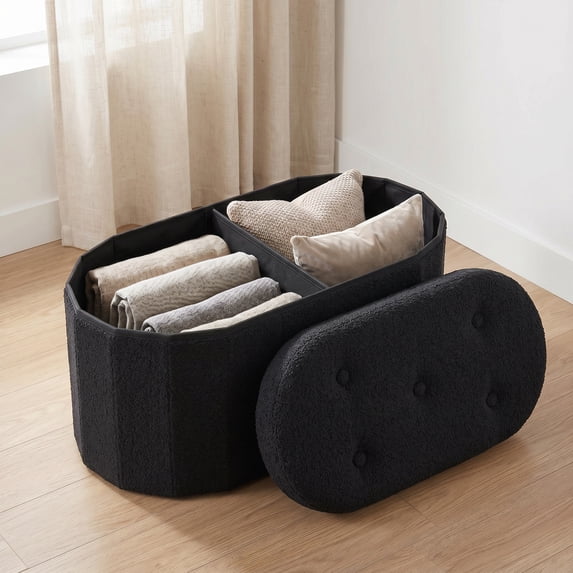 EDX Folding Ottoman Bench with Storage,Oval Ottoman Foot Rest with Upholstered Teddy Fabric,Bedside Bench with Hidden Storage Compartment for Living Room Entryway