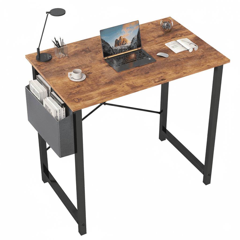 EDX Computer Desk with Sturdy Metal Frame and Side Storage Bag, Modern Writing Table for Home Office or Study Room