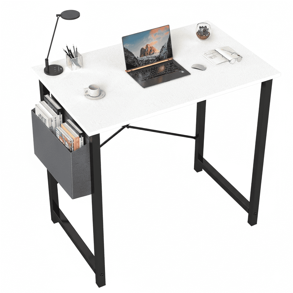 EDX Computer Desk with Sturdy Metal Frame and Side Storage Bag, Modern Writing Table for Home Office or Study Room