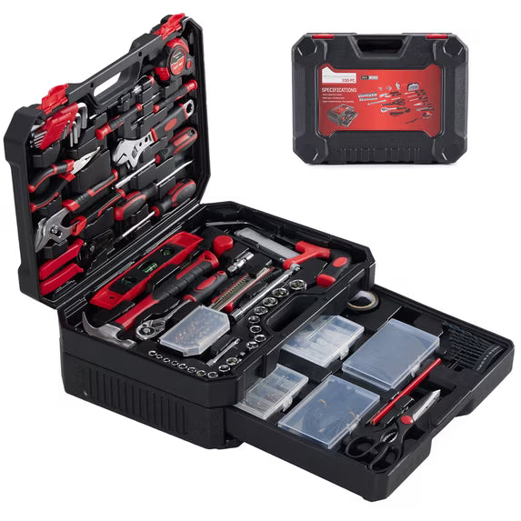 EDX 330-Piece Household Tool Set, Universal Home and Auto Repair Tool Kit with Drawer Toolbox Storage, Black and Red