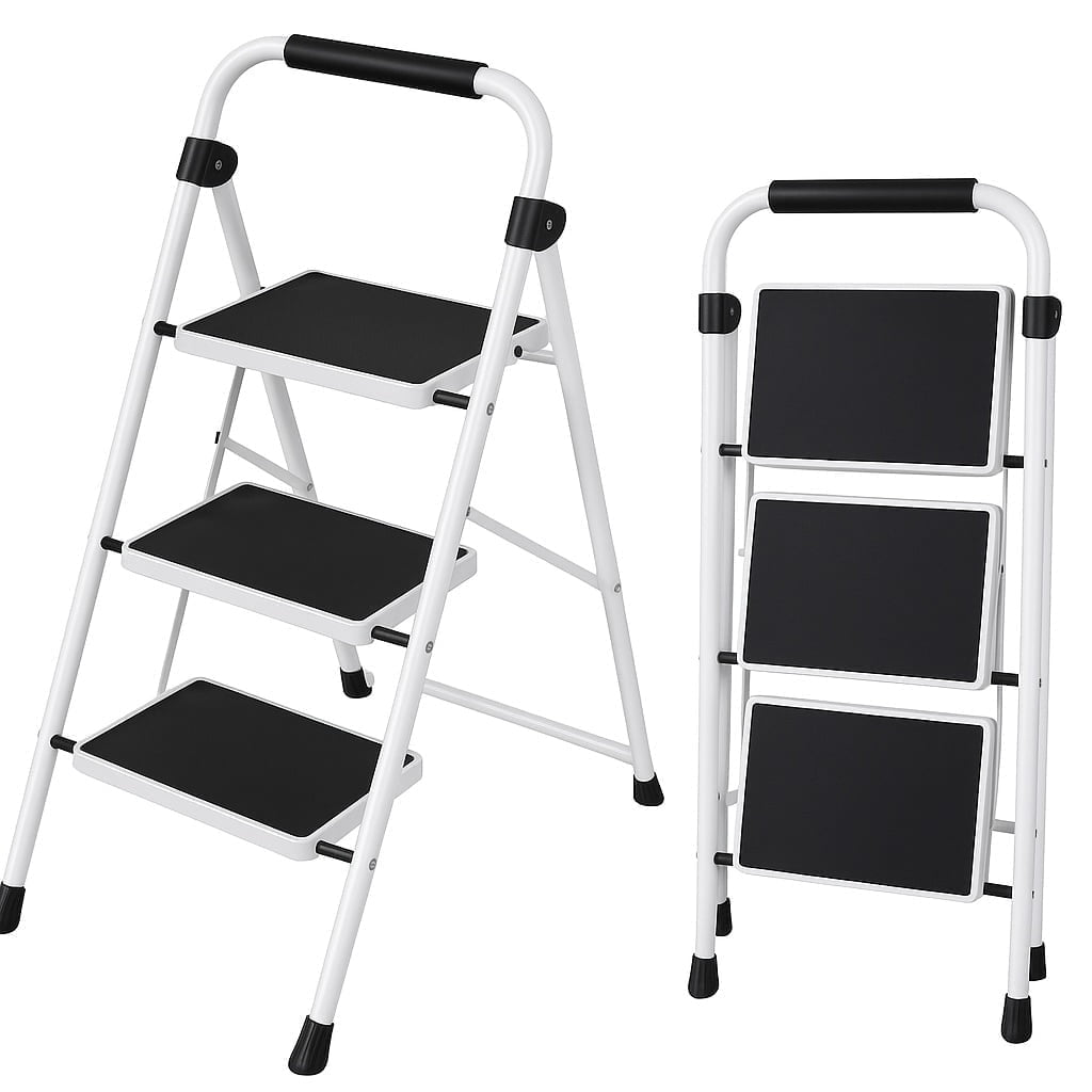 EDX Iron Stepstool, Folding Stepstool with Non-Slip Pedals and Comfortable Handrails, Sturdy Steel Ladder Portable Heavy Duty Stepstool for Kitchen, Garage and Outdoor Use, black