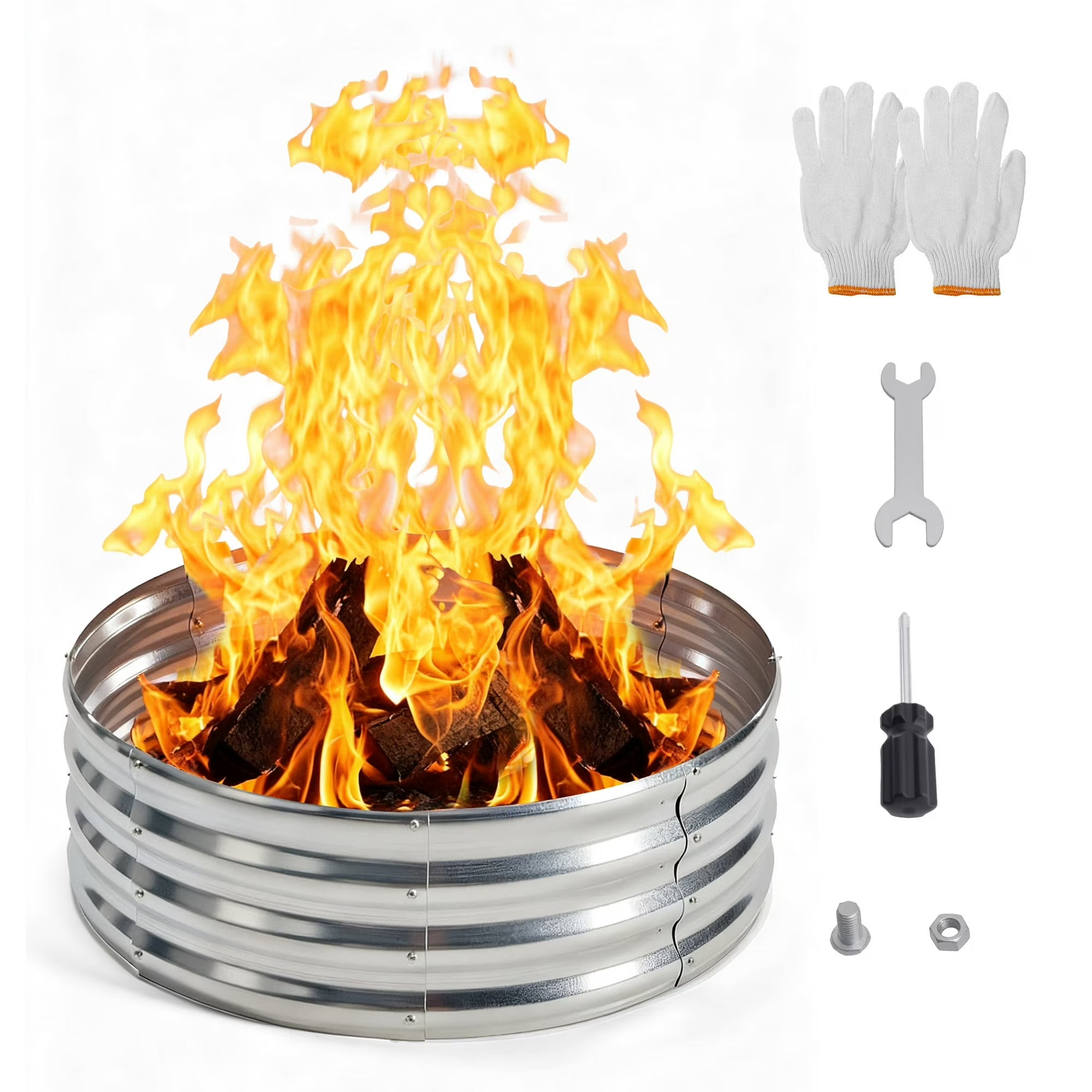 EDX Diameter Camp Fire Ring Pit, Large Round Galvanized Steel Fire Pit, Heavy Duty Steel Fire Pit Silver for Backyard, Camping, Bonfire