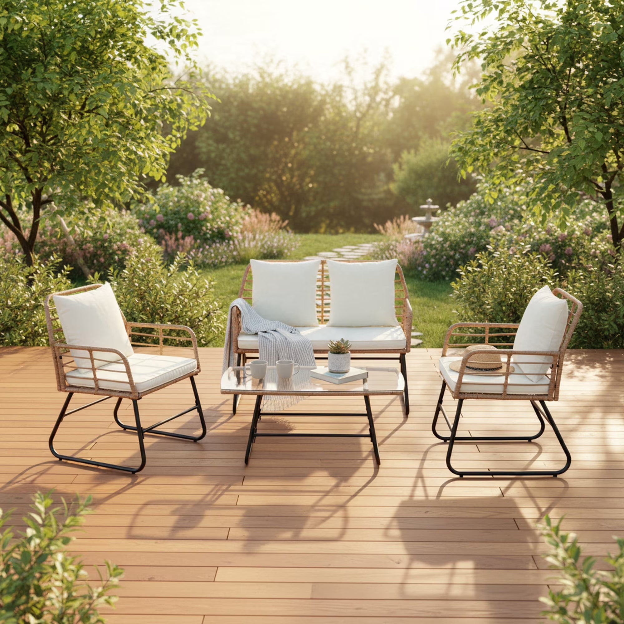EDX 4 Piece Outdoor Patio Wicker Furniture Set,Rattan Conversation Set with Rectangular Tempered Glass Coffee Table & Soft Cushions for Backyard Balcony Pool Deck
