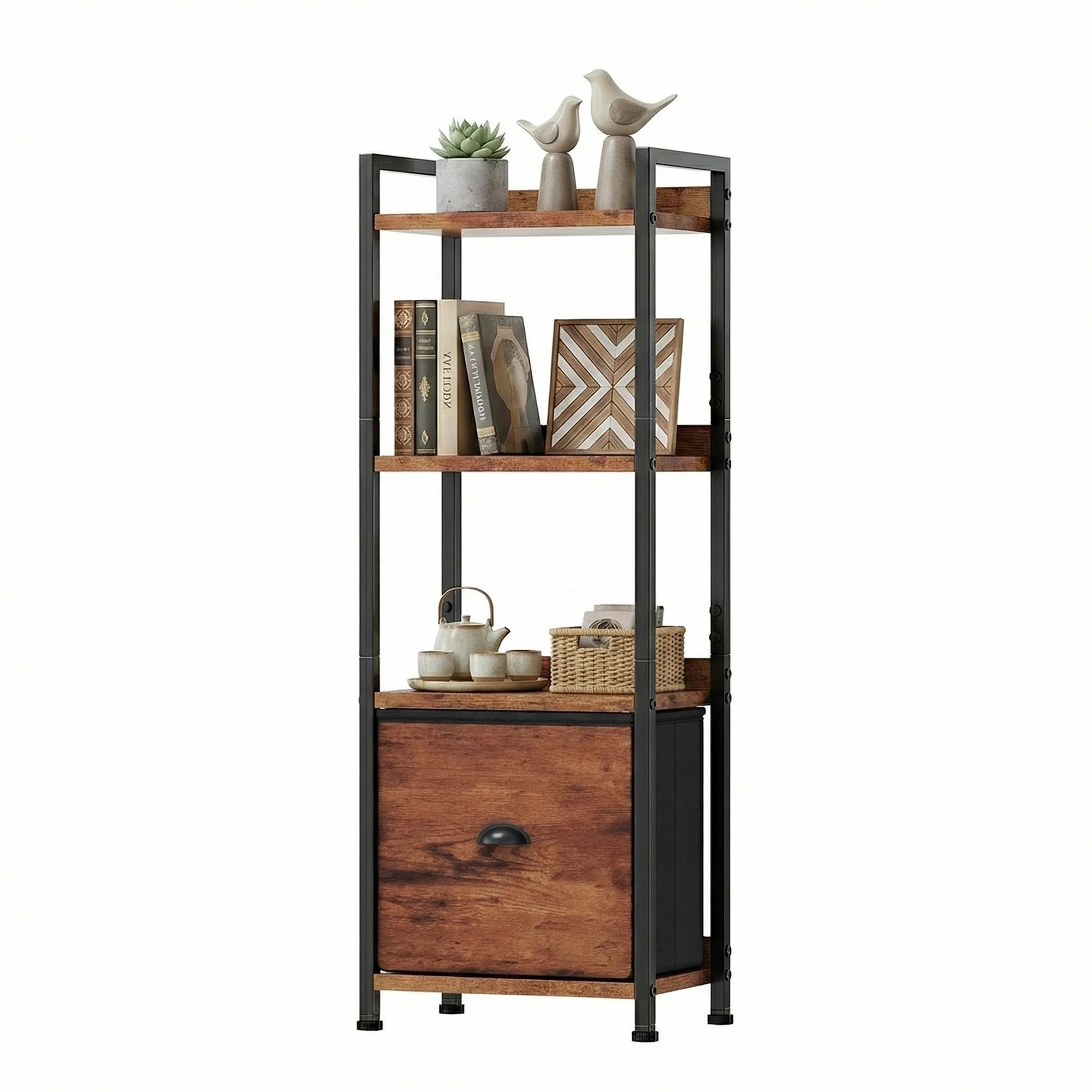 EDX Bookshelf with Drawer, Narrow Bookcase with Shelves, Industrial Display Standing Shelf Unit for Bedroom, Living Room