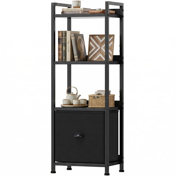 EDX Bookshelf with Drawer, Narrow Bookcase with Shelves, Industrial Display Standing Shelf Unit for Bedroom, Living Room
