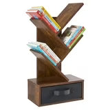 EDX Tree Bookshelf with Drawer,Tall Narrow Wood Bookcase for Living Room,Bedroom,Floor Standing Storage Shelf for Corner & Small Space,Rustic Brown