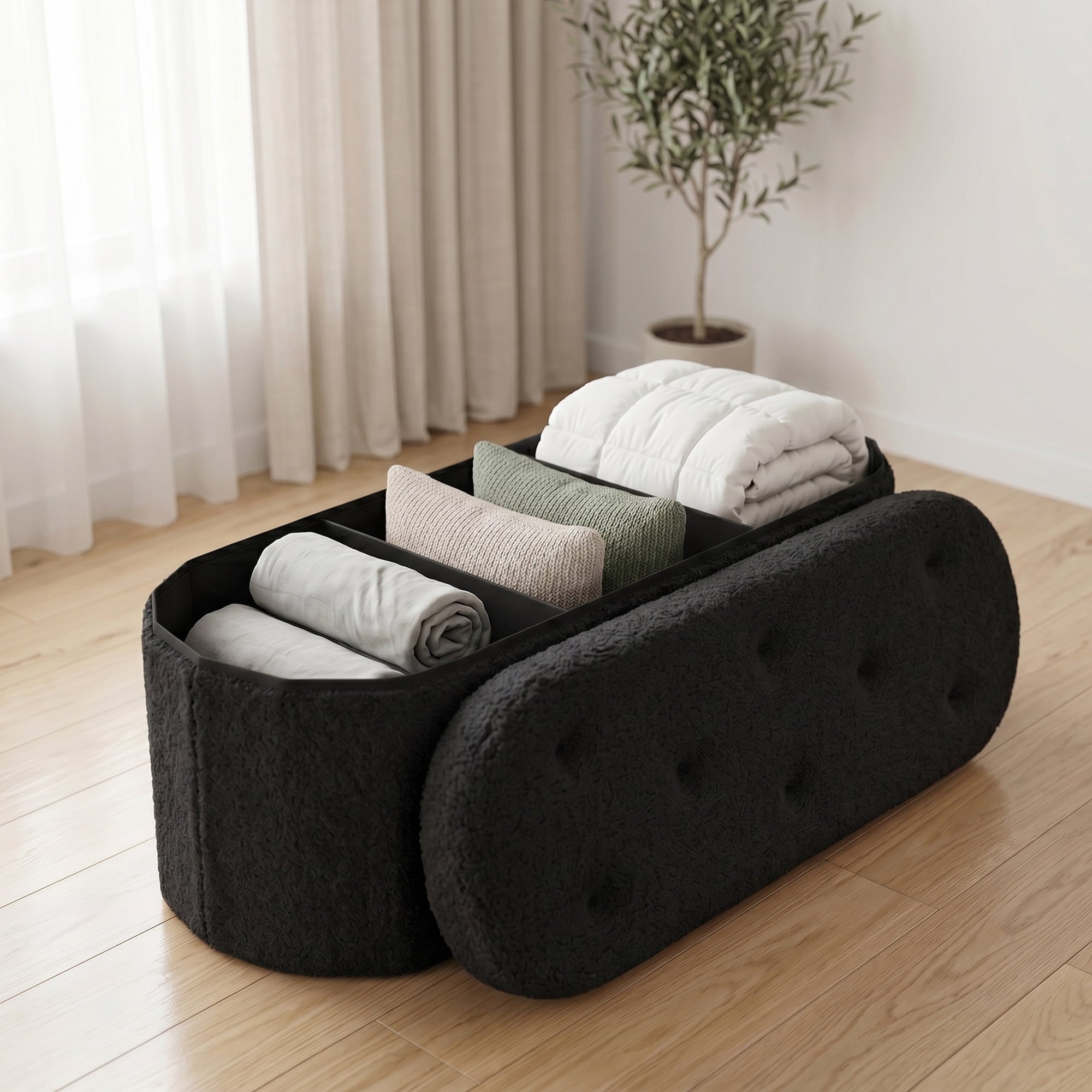 EDX Folding Ottoman Bench with Storage,Oval Ottoman Foot Rest with Upholstered Teddy Fabric,Bedside Bench with Hidden Storage Compartment for Living Room Entryway
