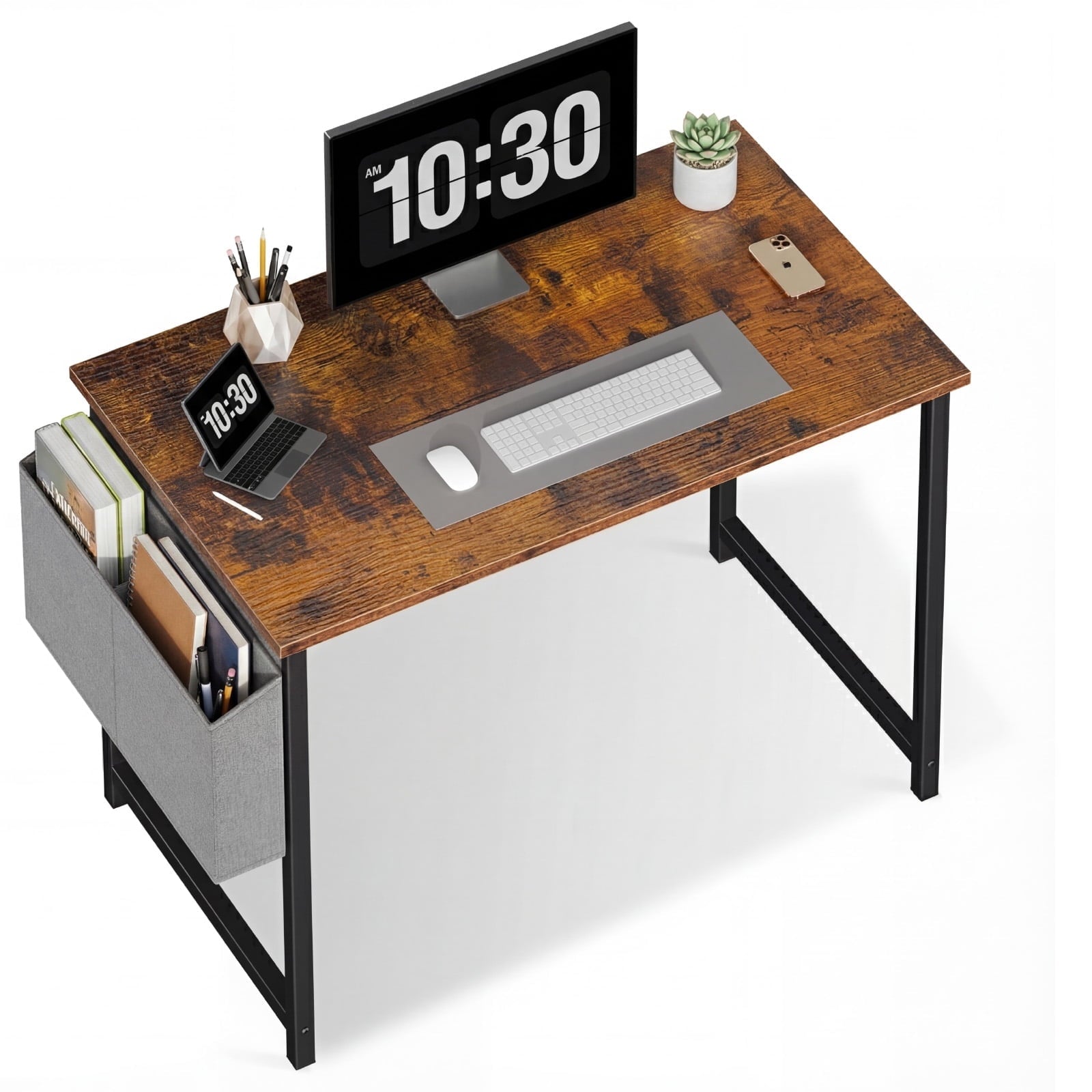 EDX Computer Desk with Sturdy Metal Frame and Side Storage Bag, Modern Writing Table for Home Office or Study Room