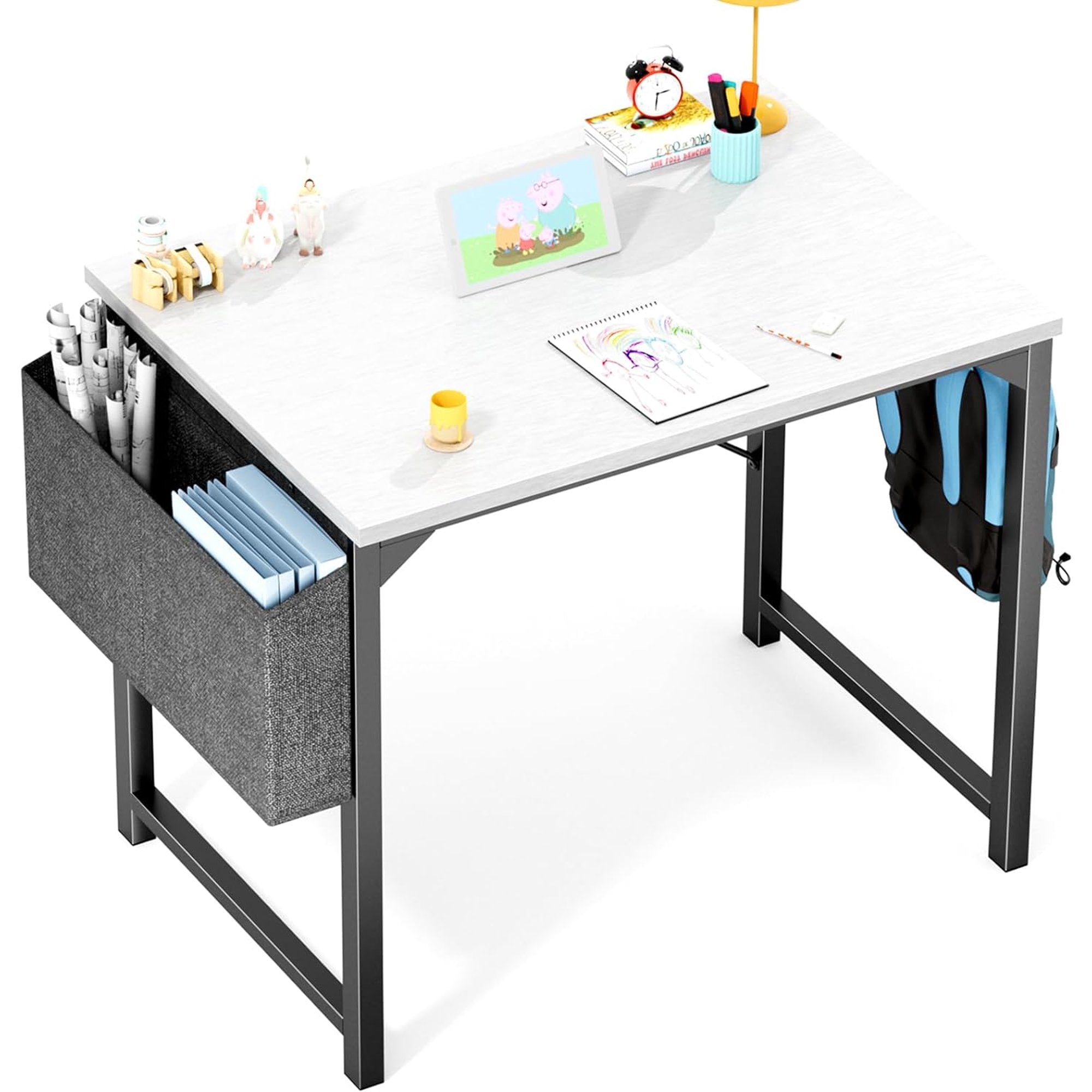 EDX Computer Desk with Sturdy Metal Frame and Side Storage Bag, Modern Writing Table for Home Office or Study Room