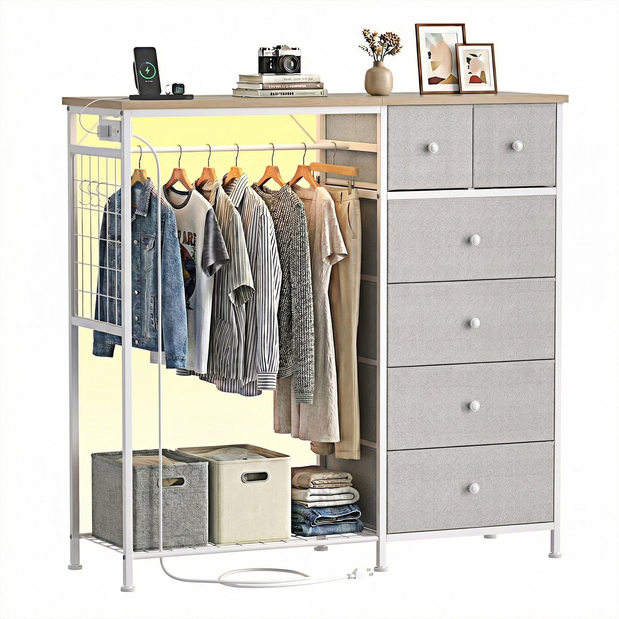 EDX Dresser for Bedroom with Hanging Rack, Dresser with LED Lights & Charging Station, Fabric Dressers & Chest of Drawers with Rack, Wooden Top, Grid Panel