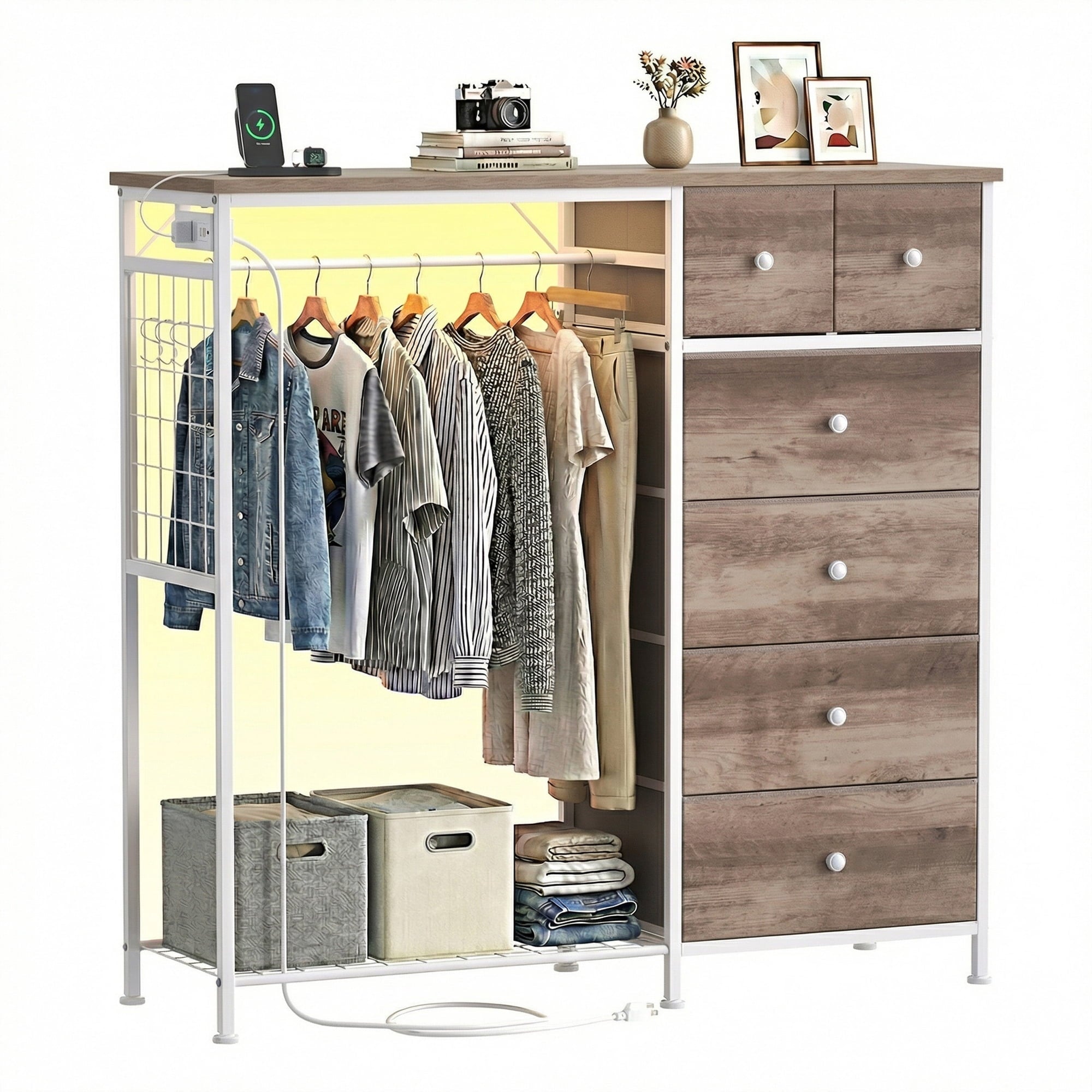 EDX Dresser for Bedroom with Hanging Rack, Dresser with LED Lights & Charging Station, Fabric Dressers & Chest of Drawers with Rack, Wooden Top, Grid Panel