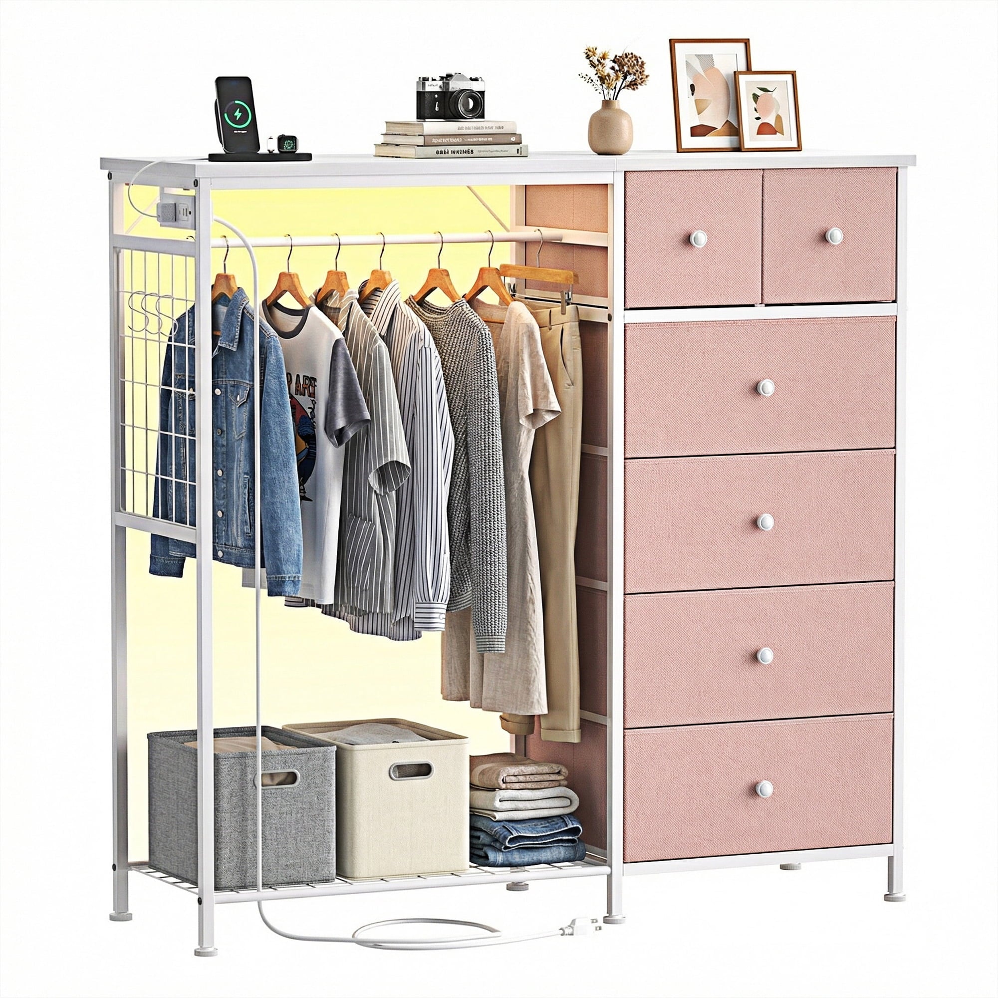EDX Dresser for Bedroom with Hanging Rack, Dresser with LED Lights & Charging Station, Fabric Dressers & Chest of Drawers with Rack, Wooden Top, Grid Panel