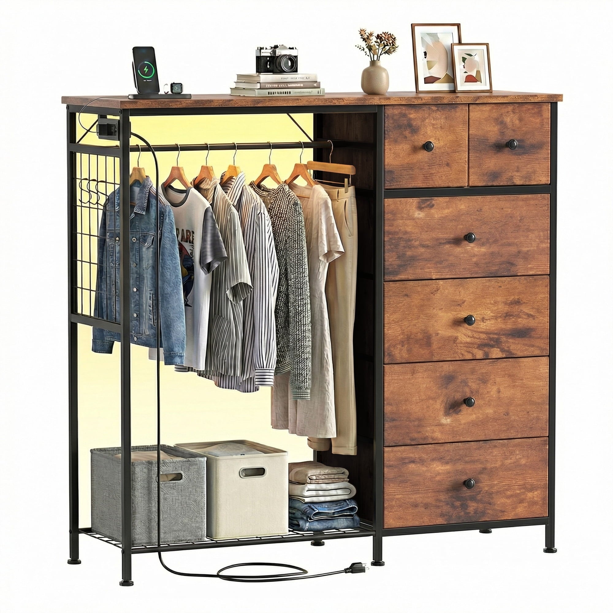 EDX Dresser for Bedroom with Hanging Rack, Dresser with LED Lights & C