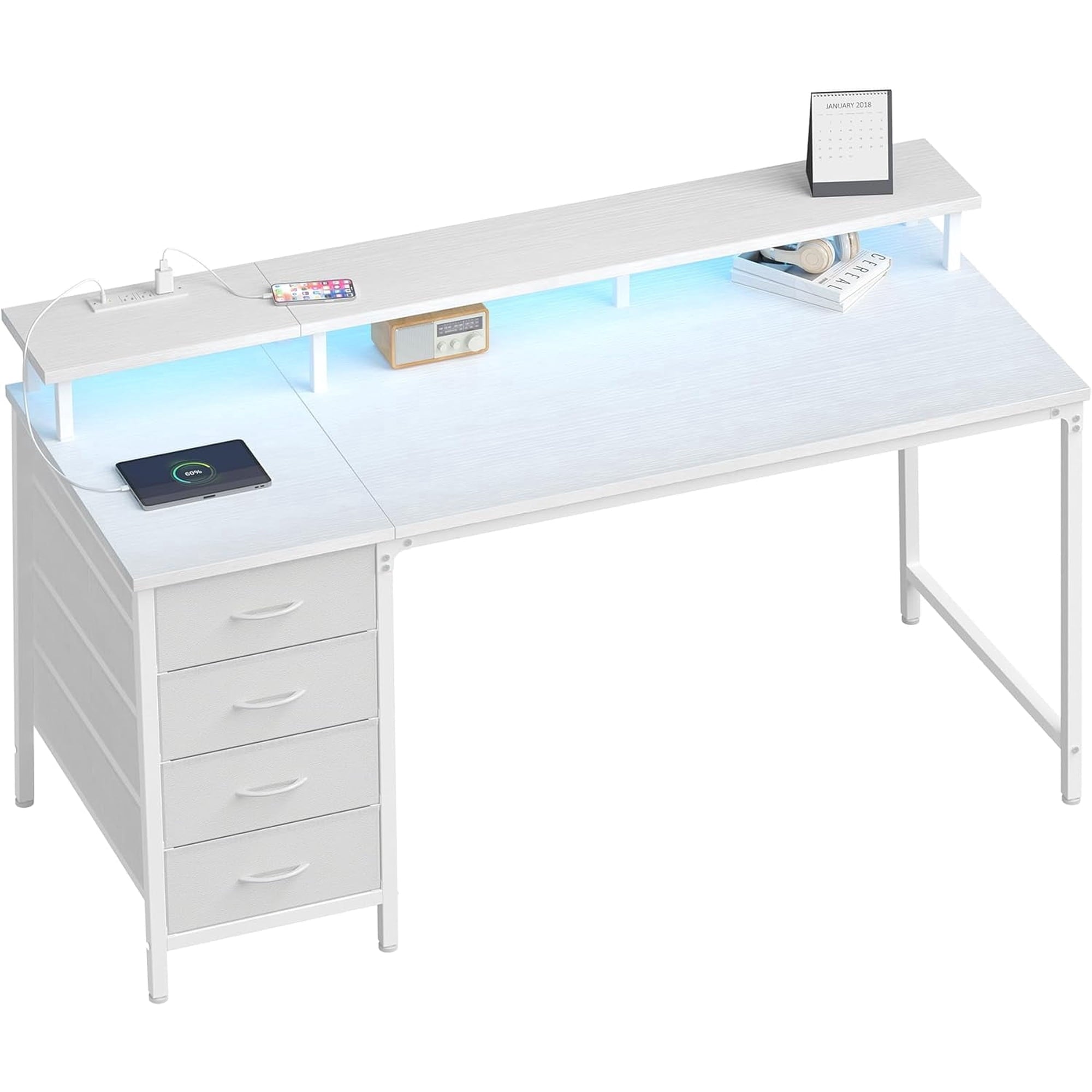 EDX 47 Inch Computer Desk with Power Outlets and LED Lights, Gaming Desk with 4 Drawers, Office Desk with Monitor Stand, Study Work Home Office, Small Spaces