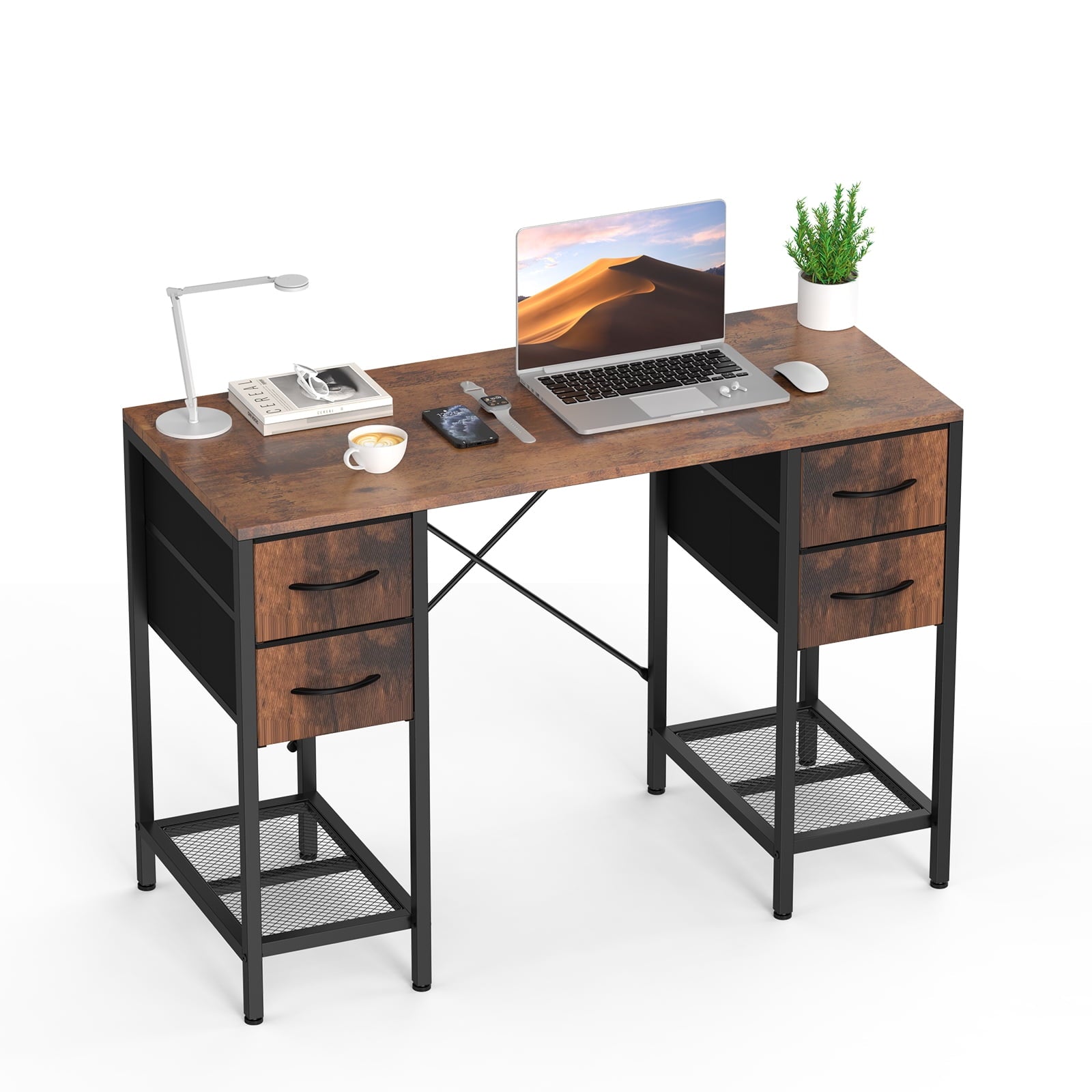 EDX Computer Desk with 4 Drawers, Office Desk with Mesh Shelf, Gaming Desk, Writing Work Desk , Large Storage, Rust