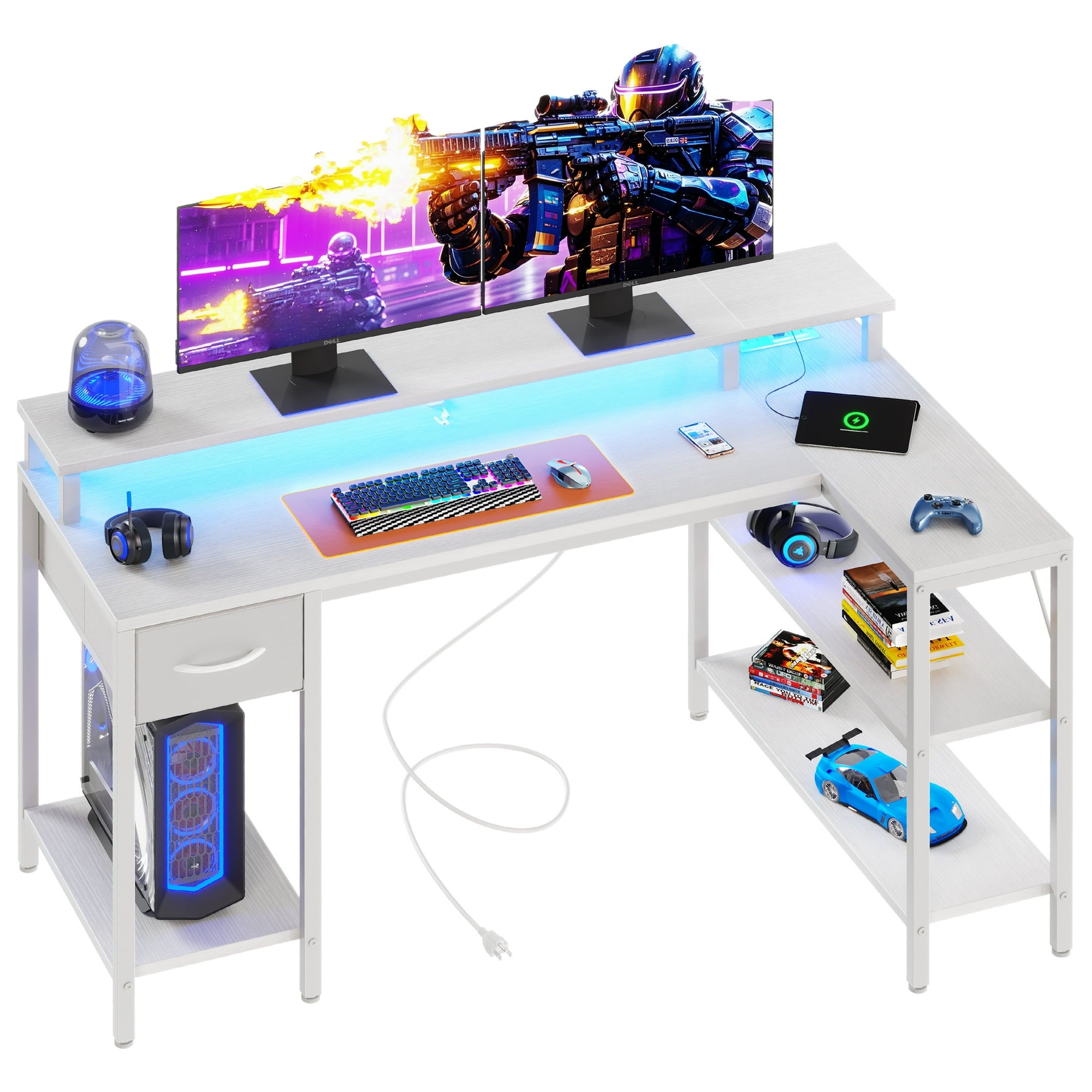 EDX L Shaped Desk with Power Outlet & LED Light, Computer Gaming Desk with File Drawer & 2 Monitor Stands for Home Office with Storage Shelves