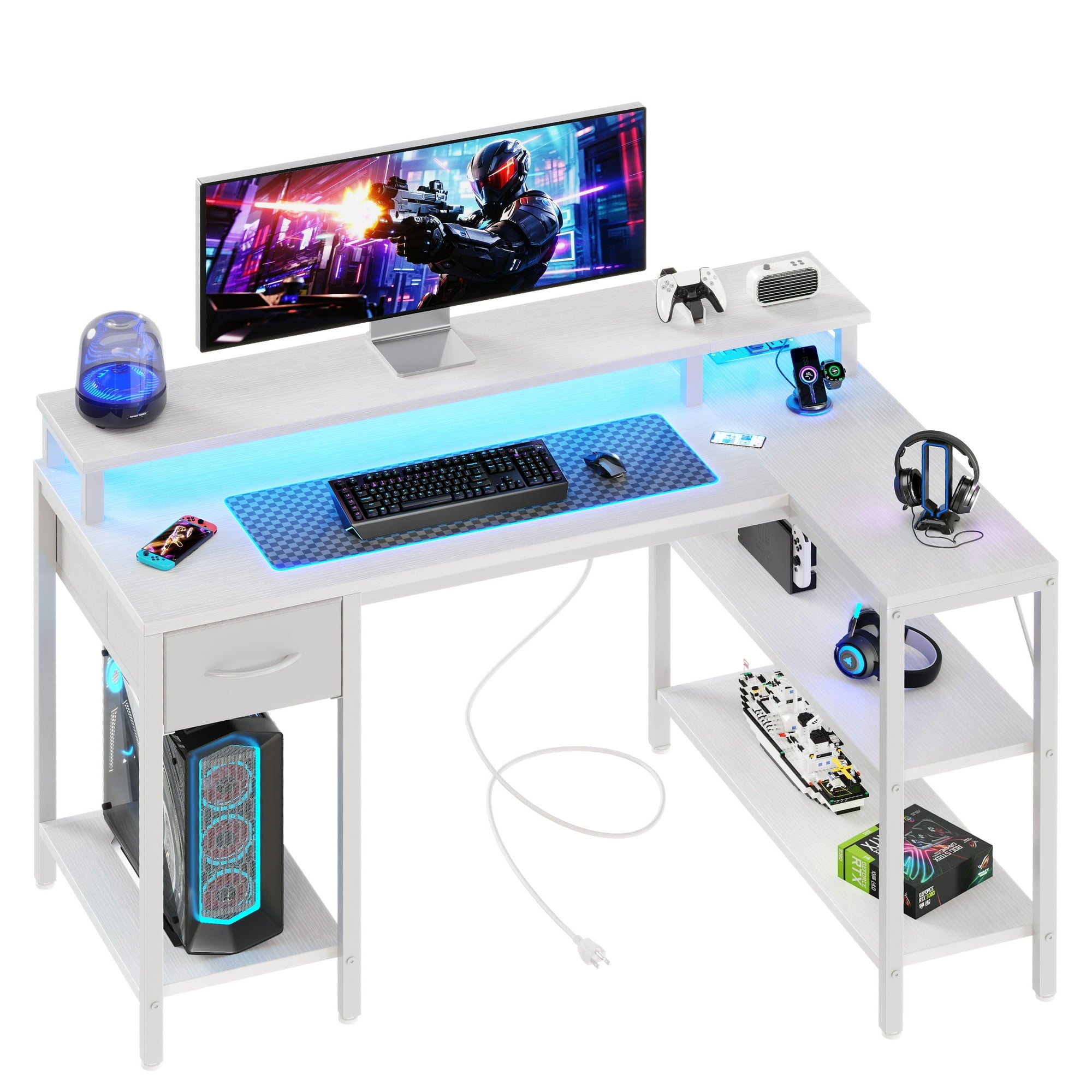 EDX L Shaped Desk with Power Outlet & LED Light, Computer Gaming Desk with File Drawer & 2 Monitor Stands for Home Office with Storage Shelves