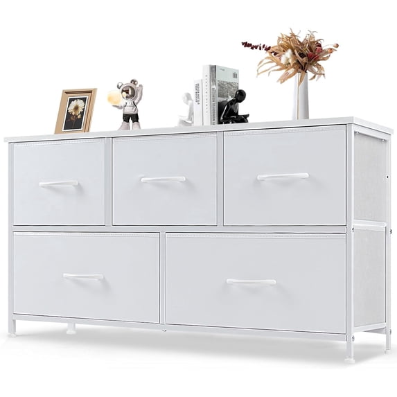 EDX 5 Drawer Dresser, Wide Chest of Drawers Nightstand Storage Tower Storage Fabric Dresser with Wood Top for Living Room, Bedroom, Hallway