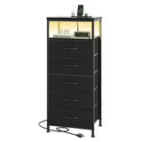 edx 5 Fabric Drawers Nightstand with Charging Station & USB/Type-C Ports and Outlets, Variable Light Strip Bedside End Table with Adjustable Feet for Bedroom, Black