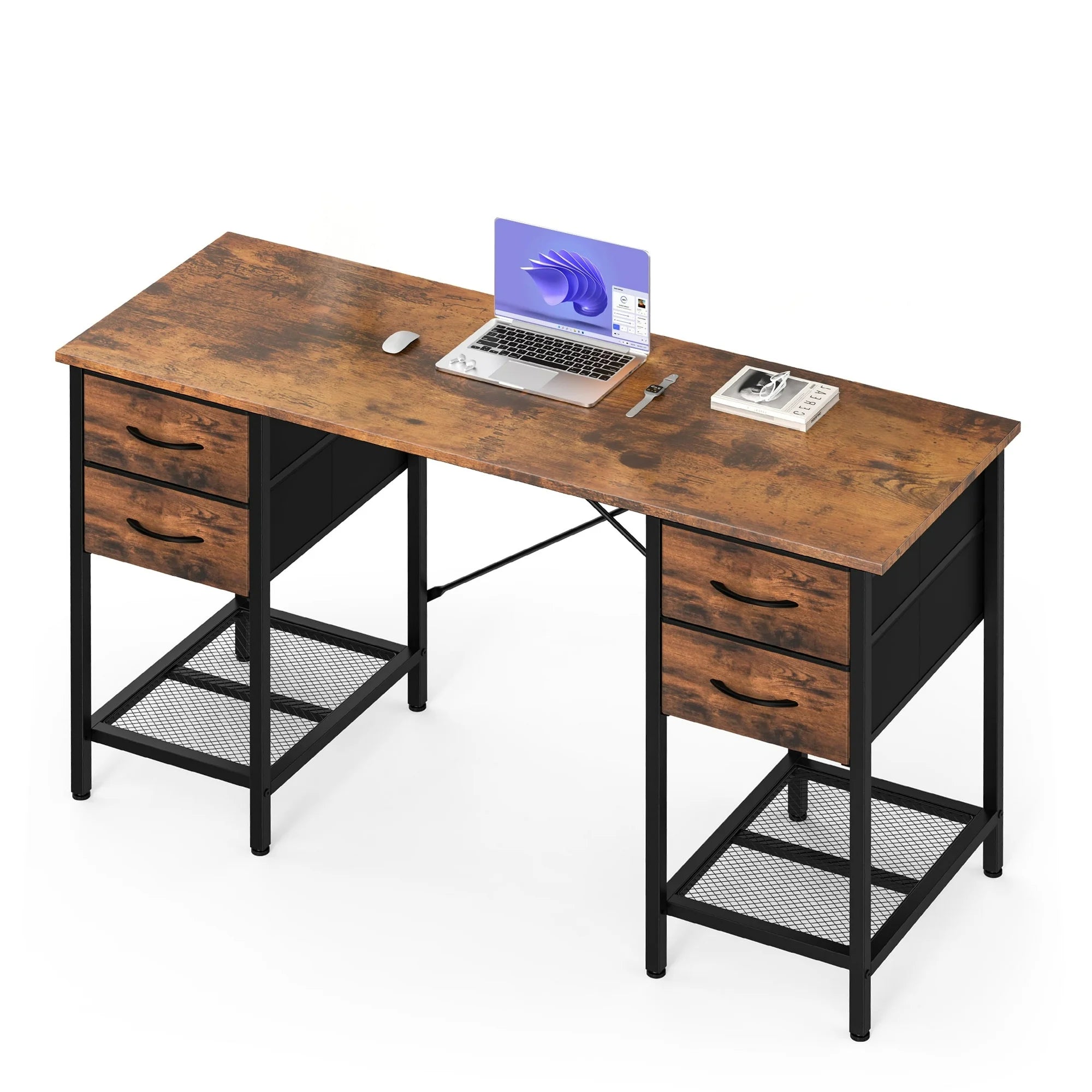 EDX Computer Desk with 4 Drawers, Office Desk with Mesh Shelf, Gaming Desk, Writing Work Desk , Large Storage, Rust